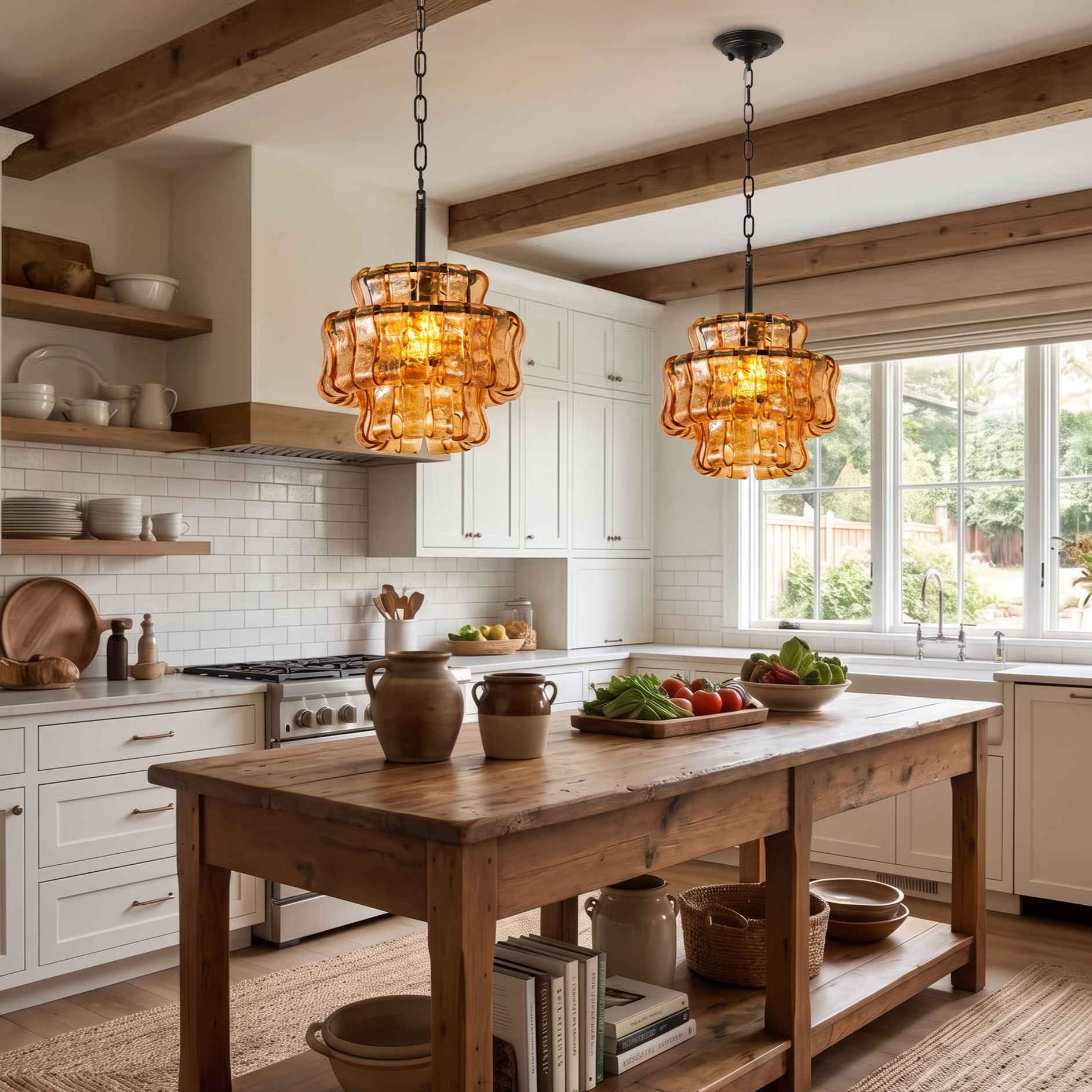Vintage Ribbed Glass Pendant Light Mid-Century Modern Chandelier for Kitchen Island Dining Room 
