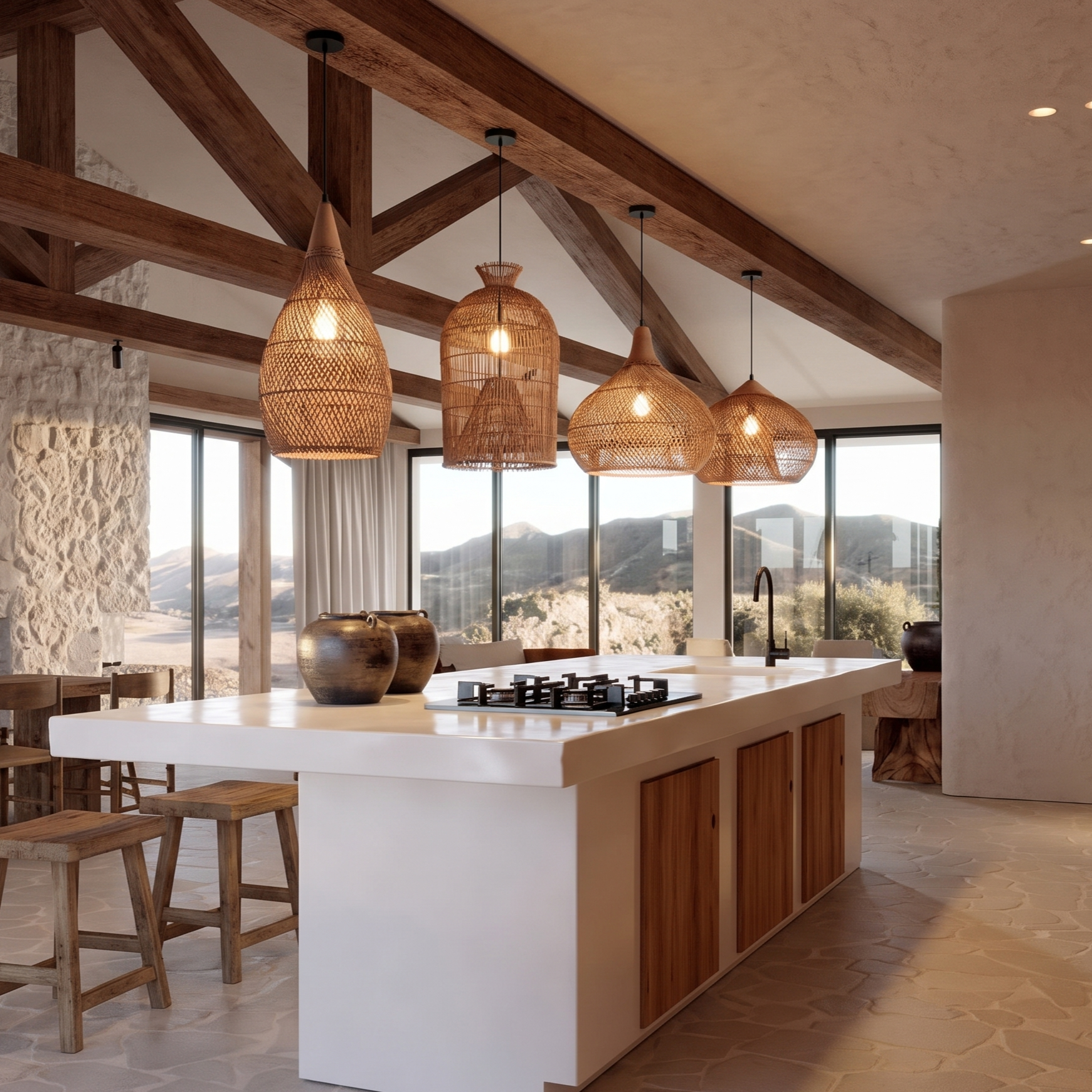 Handcrafted Rattan Pendant Light Retro Wabi-Sabi-style Chandelier for Dining Room Kitchen Island