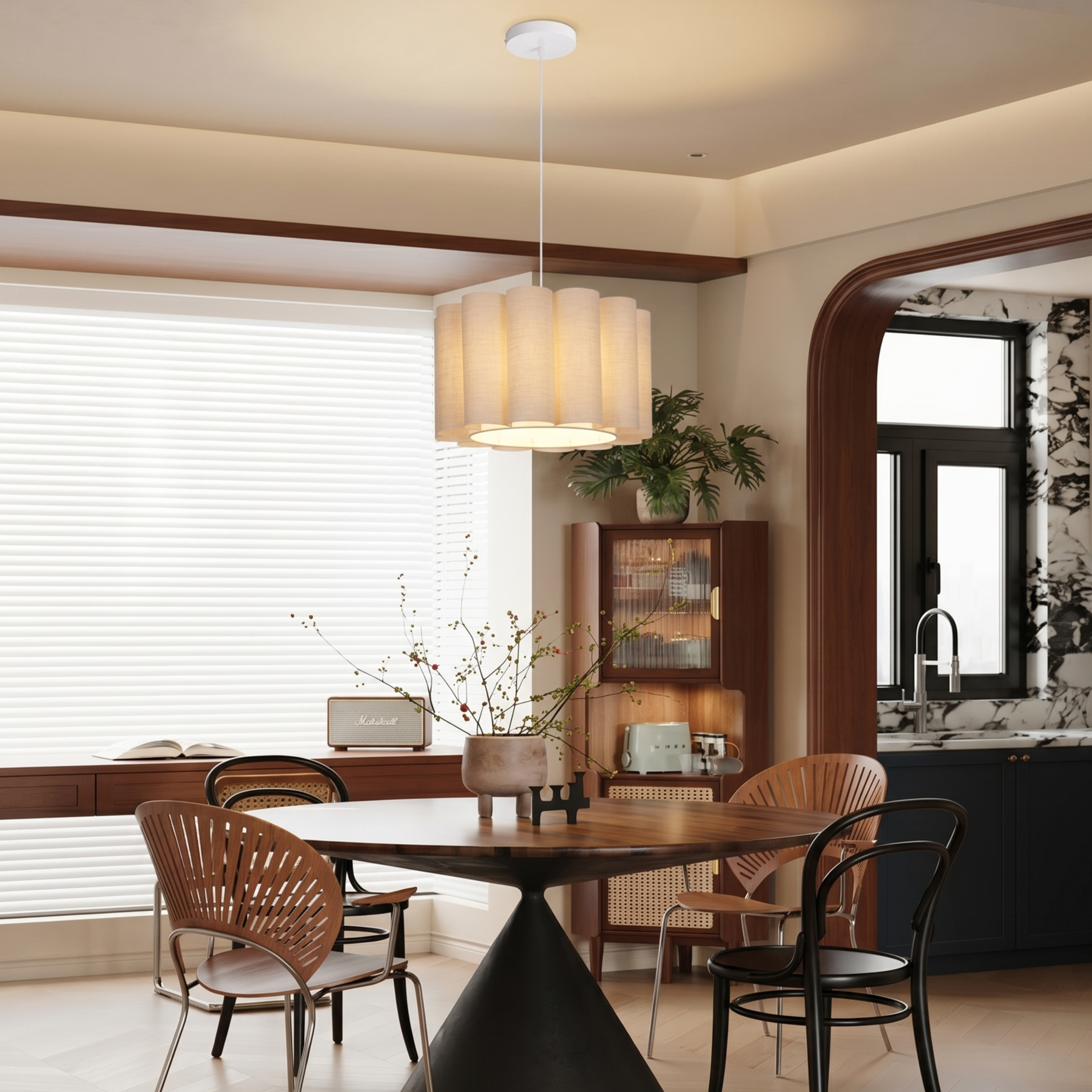 Modern Scalloped Fabric Pendant Light, Elegant Fabric Drum Chandelier  for BedroomLiving Room 