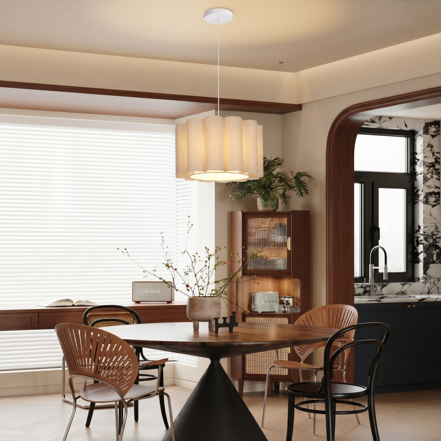 Modern Scalloped Fabric Pendant Light, Elegant Fabric Drum Chandelier  for BedroomLiving Room 