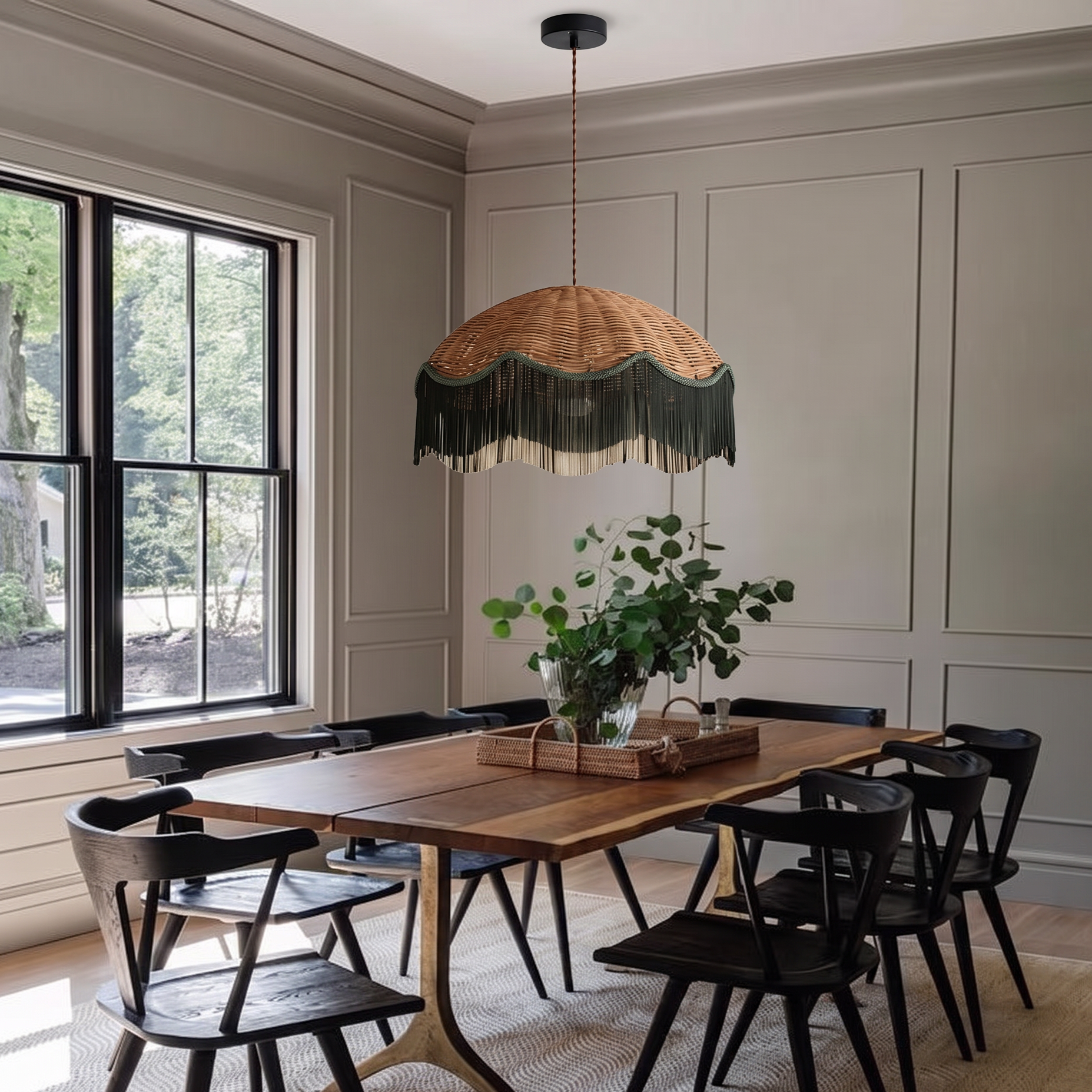 Handwoven Rattan and Fringe Pendant Light Vintage Bohemian Chandelier for Dining Room