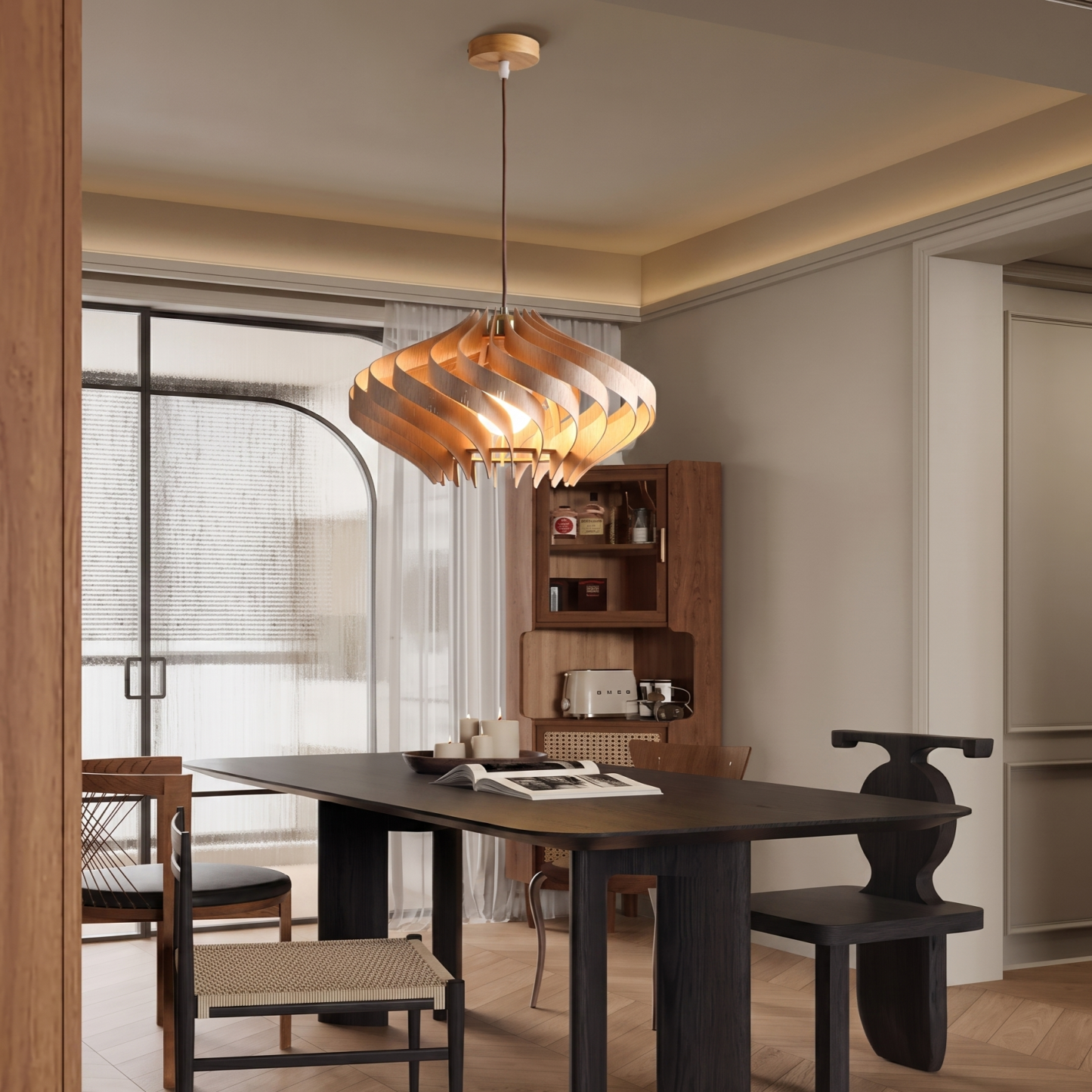 Retro Wooden Pendant Light Japandi Hanging Ceiling Lamp for Dining Room Kitchen Island Living Room