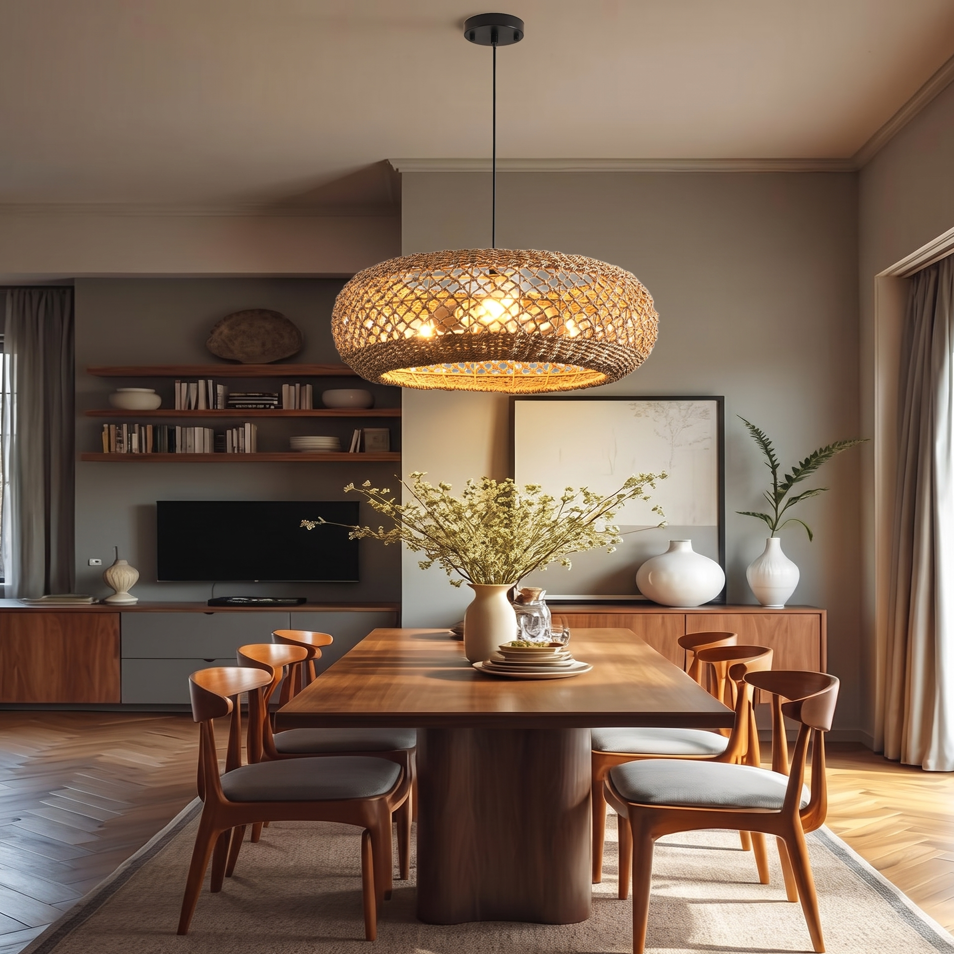 Coastal Woven Seegrass Rattan Pendant Light-Rustic  Ceiling Hanging Lamp for Kitchen Island Living Room