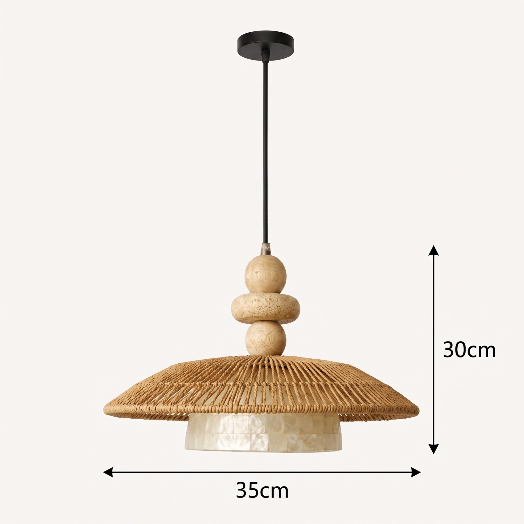 Wabi Sabi Rope Pendant Light with Shell Accent-Minimalist Boho Hanging Ceiling Lamp for Dining Room