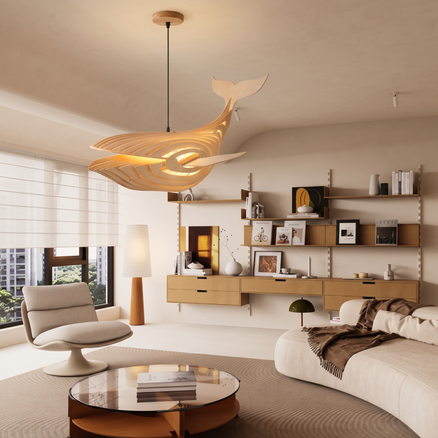 Creative Solid Wood Whale Fish Pendant Lamp-Modern Marine Art Ceiling Hanging Lamp for Nursery Living Room Dining Room & Kids Room