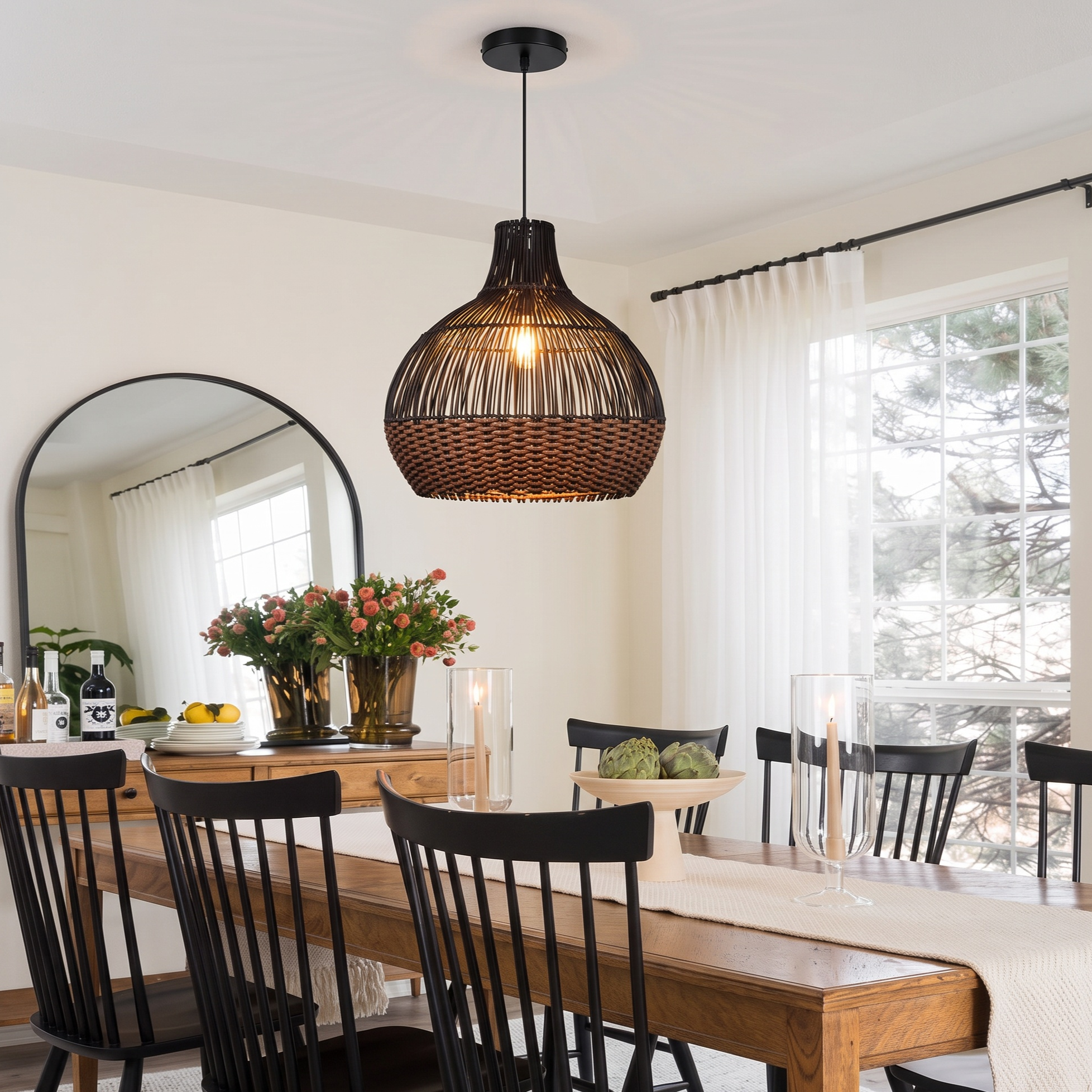 Black Woven Rattan Pendant Light for Dining Rooms Kitchen Islands Living Spaces