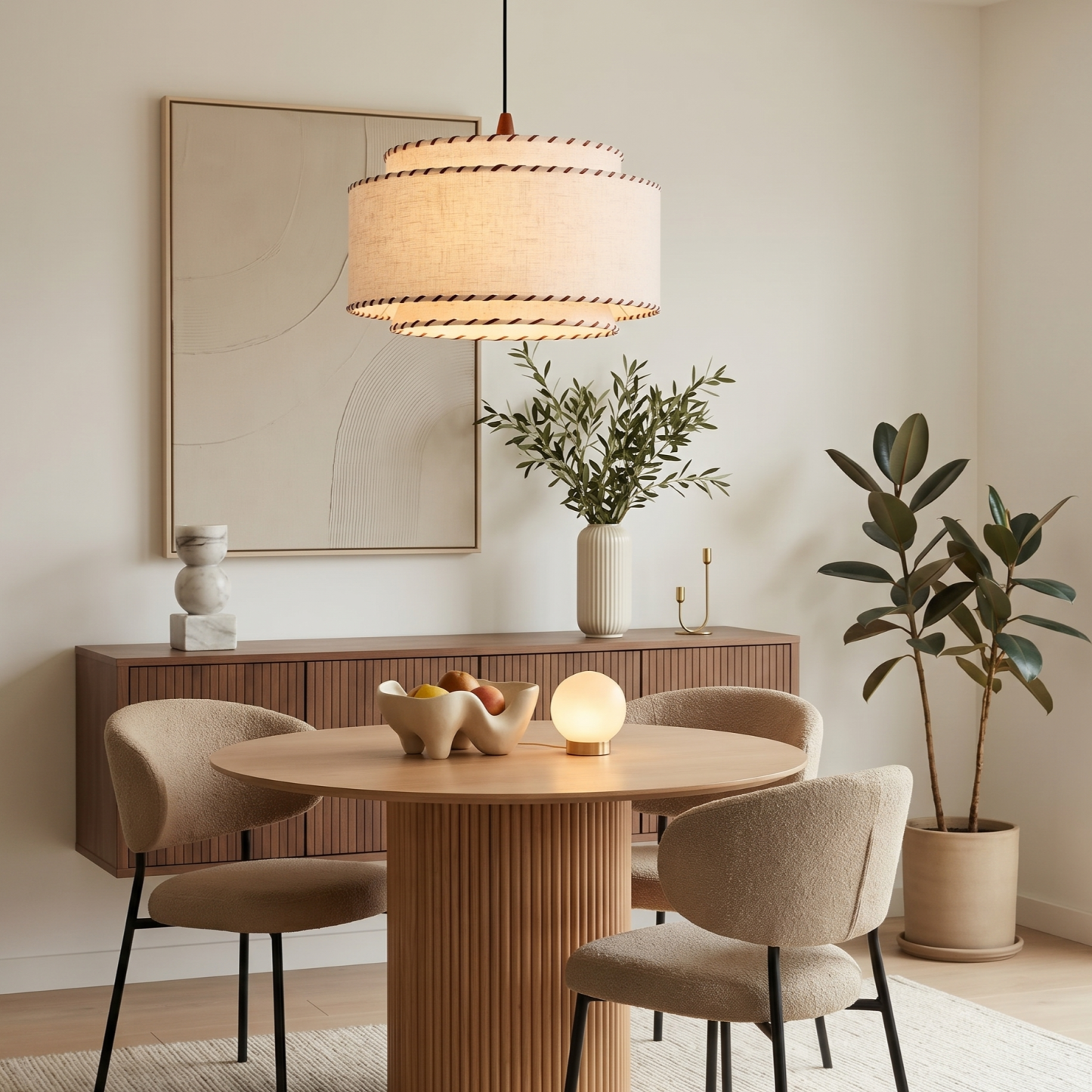 Mid-Century Modern Drum Fabric Pendant Light for Living Room Bedroom