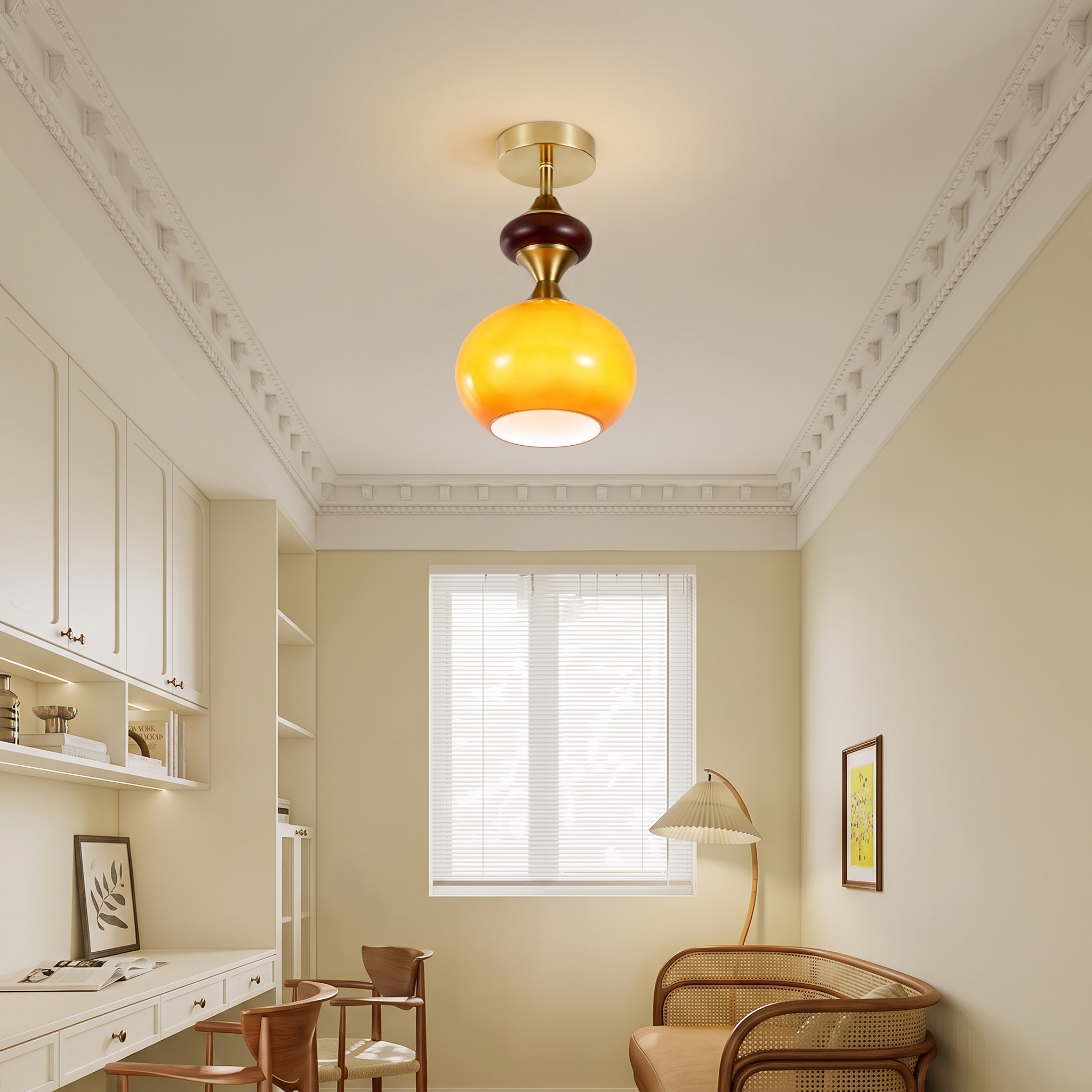 Vintage Amber Glass Semi-Flush Ceiling Light for Entryway Corridor