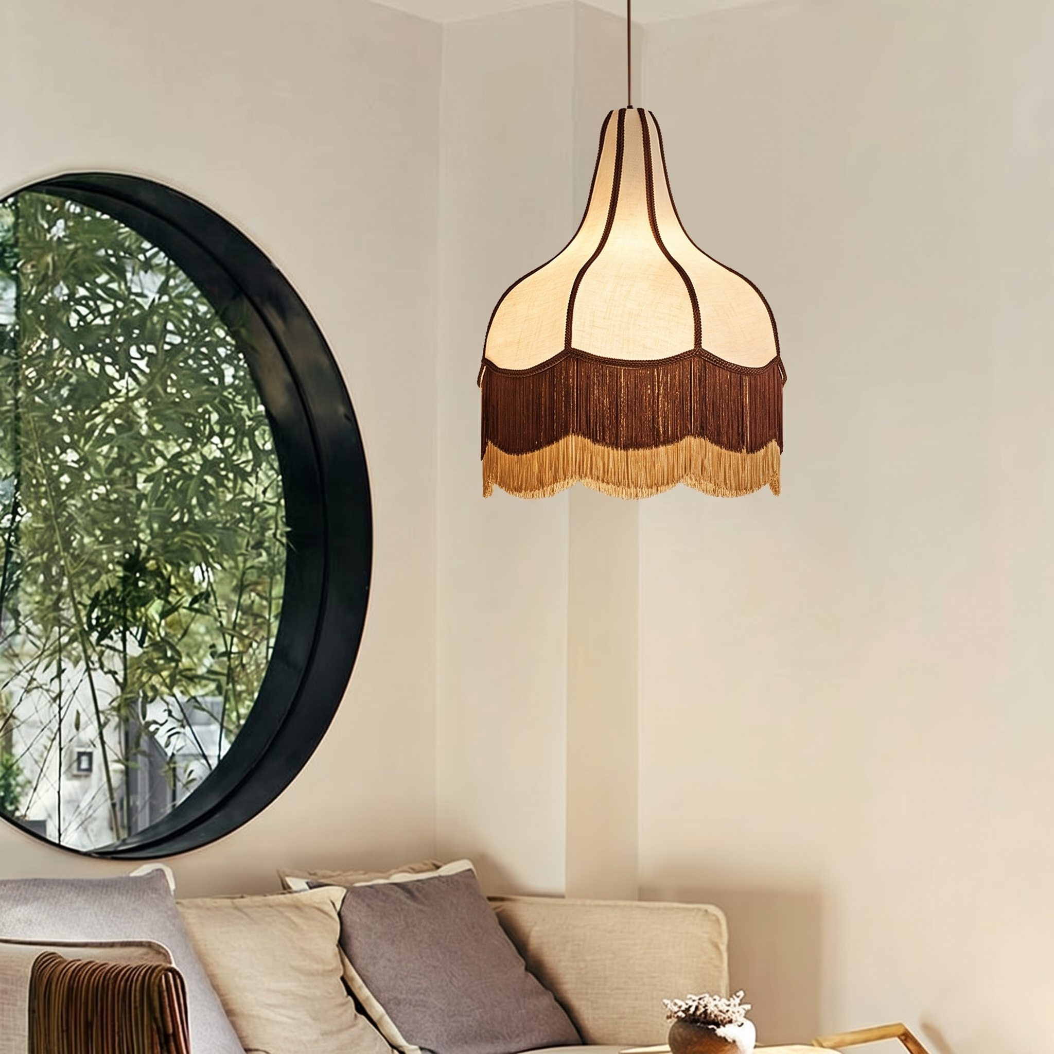 Vintage Fringe Pendant Light-Handcrafted Fabric Dome Chandelier for Living Room Dining Room Boutique Spaces