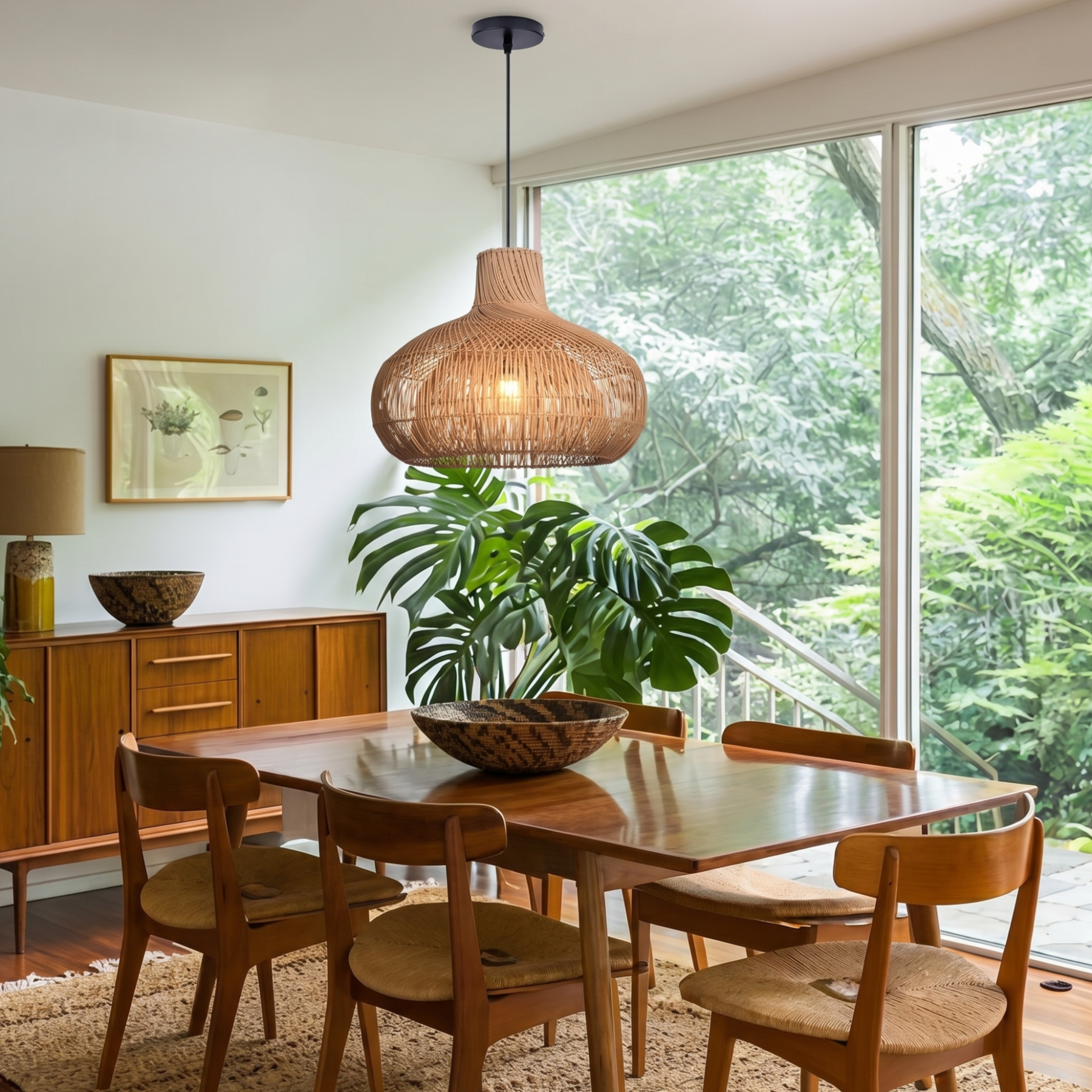 Boho Hand-Woven Rattan Pendant Light, Large Dome-Shaped Wicker Hanging Lamp for Kitchen Islands Dining Rooms