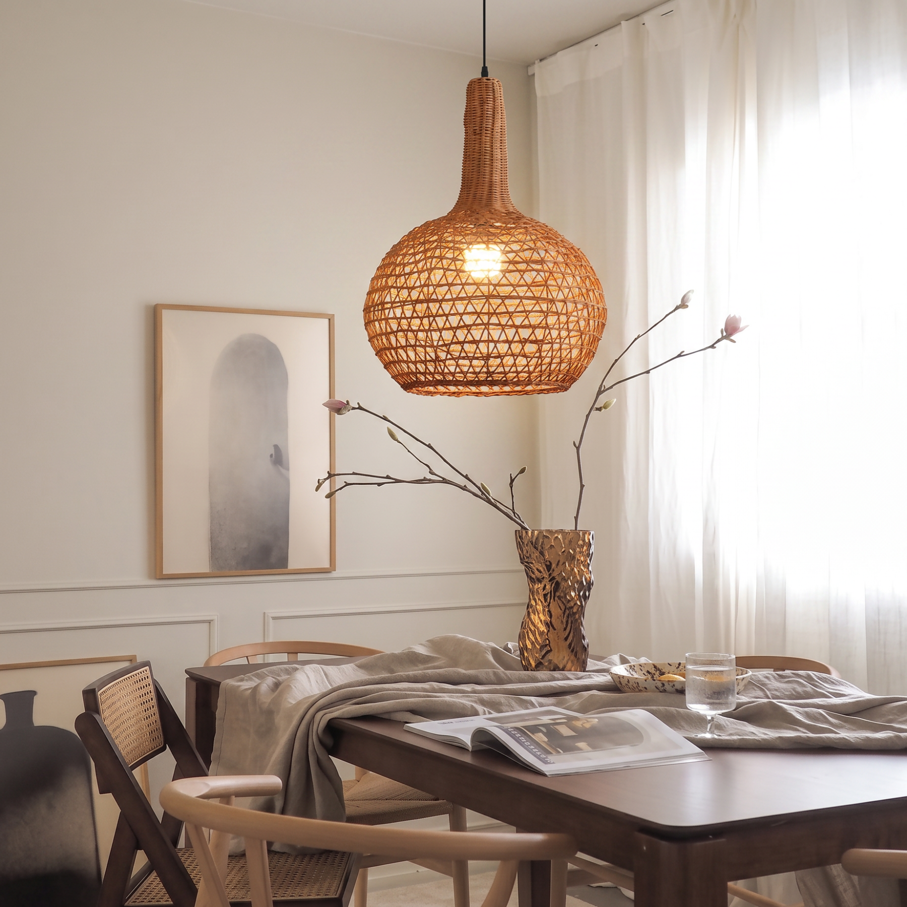 Woven Rattan Basket Pendant Light Boho Coastal Hanging Light Fixture for Dining Room Kitchen