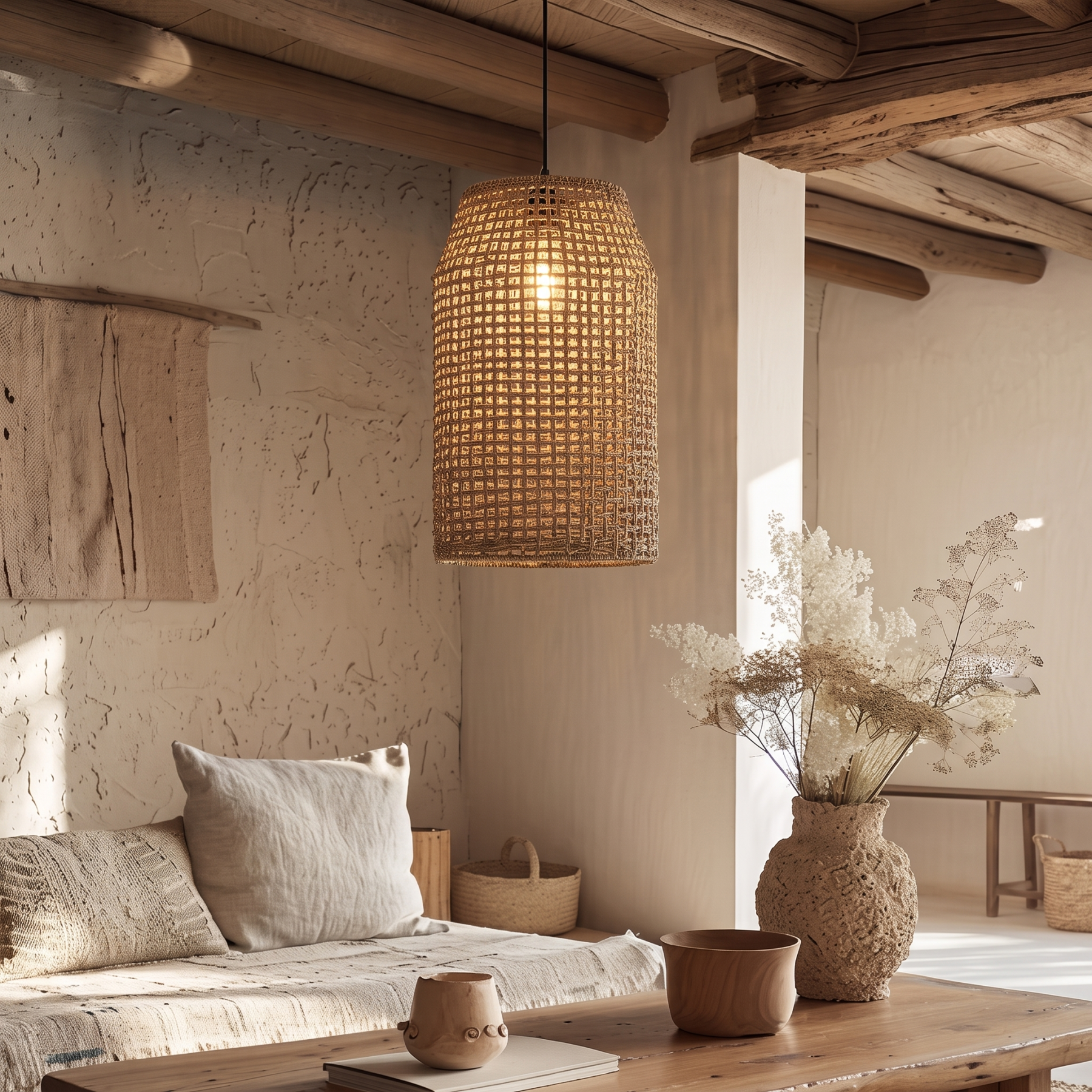 Handwoven Boho Rattan Pendant Light for Kitchen Island Dining Room 