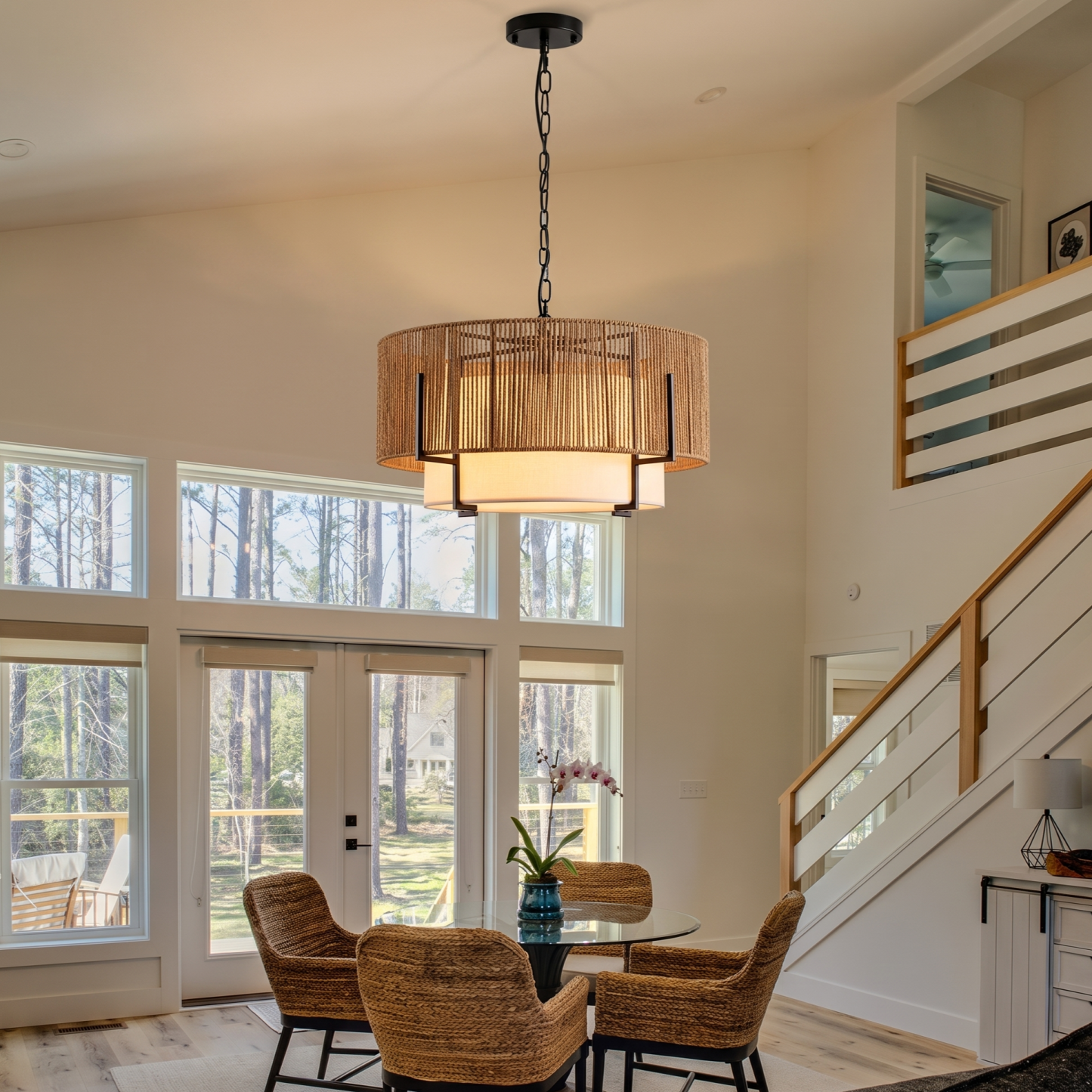 Modern Coastal Handwoven Hemp Rope Chandelier for Dining Room Living Room