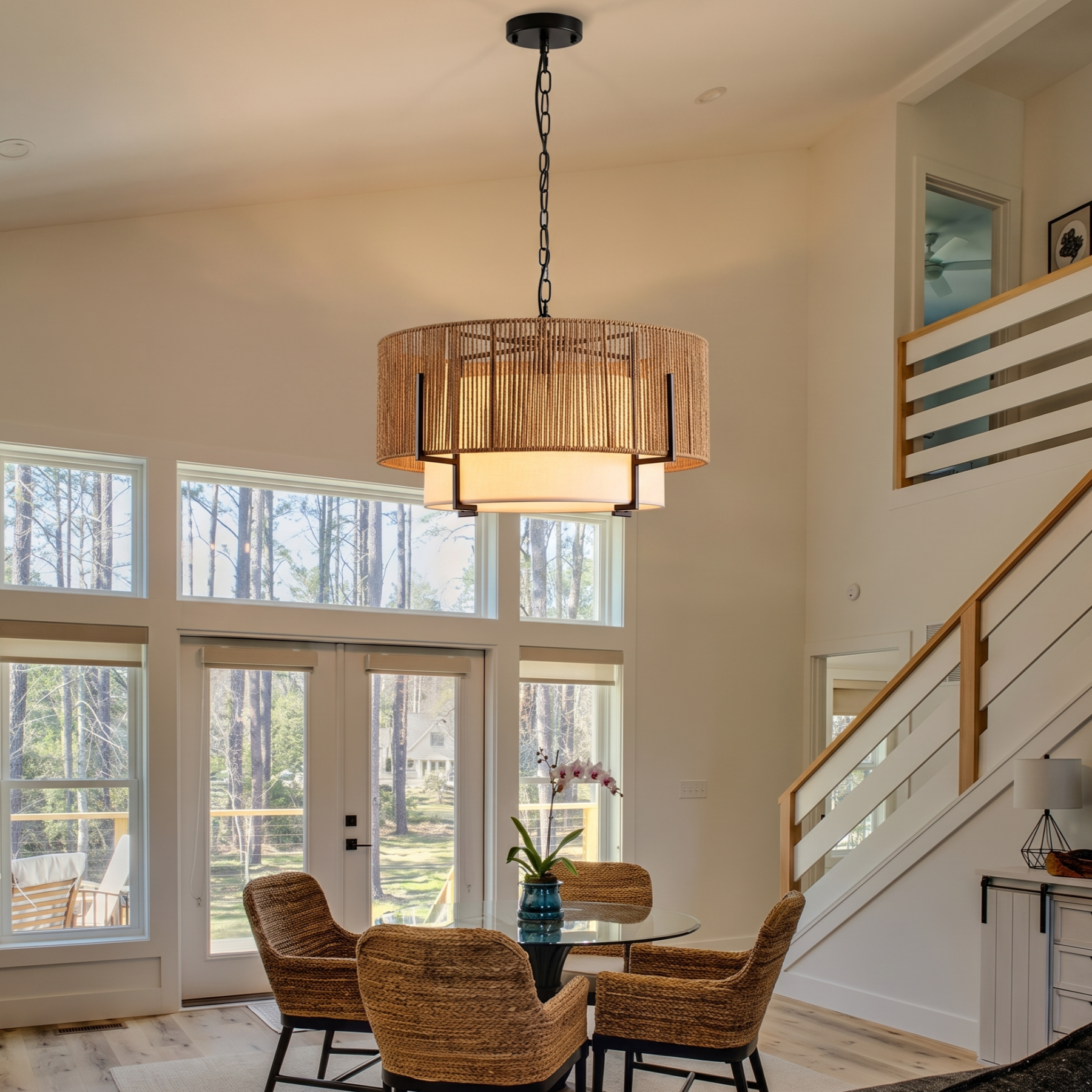 Modern Coastal Handwoven Hemp Rope Chandelier for Dining Room Living Room