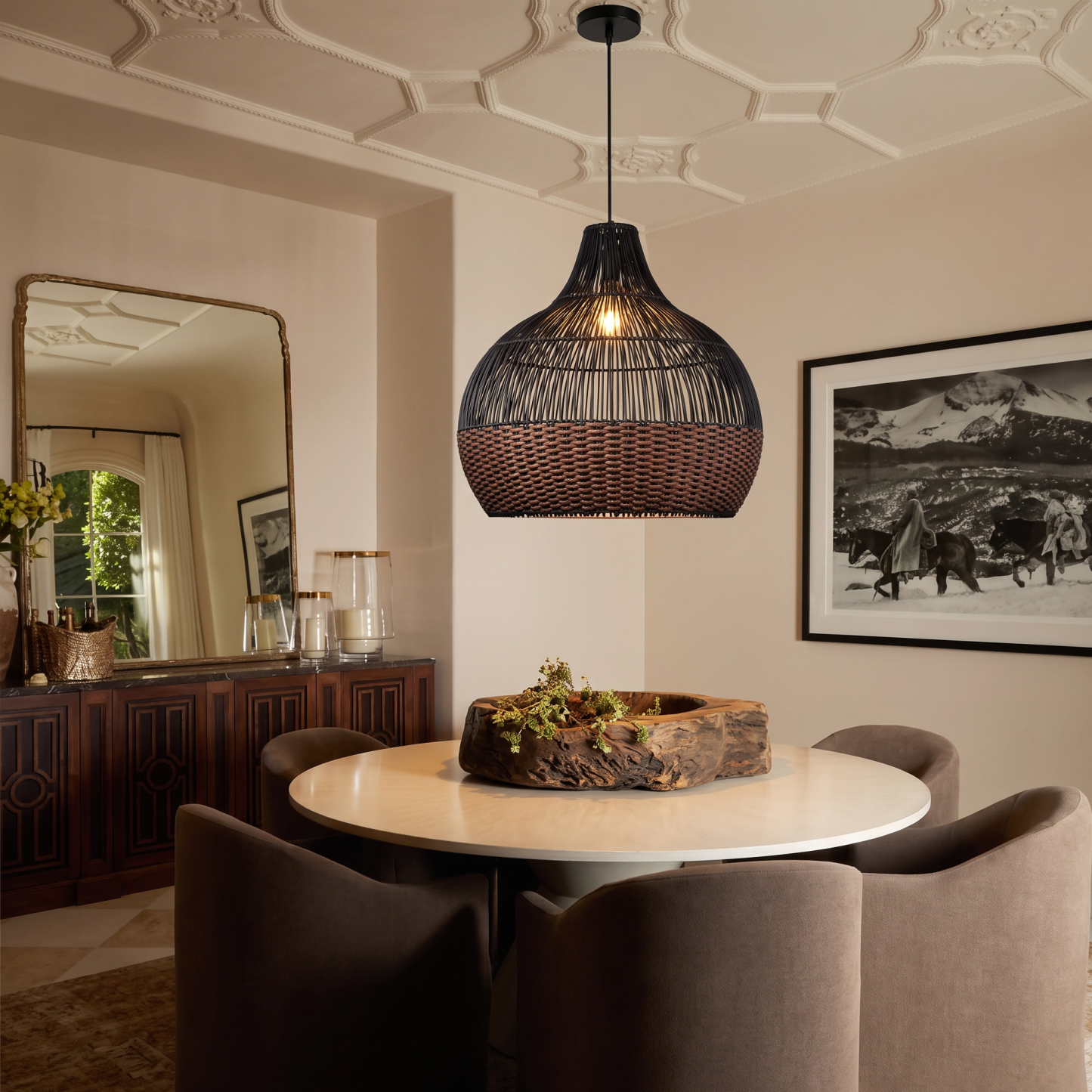 Black Woven Rattan Pendant Light – Handcrafted Boho Farmhouse Hanging Lamp for Dining Room Kitchen Living Room