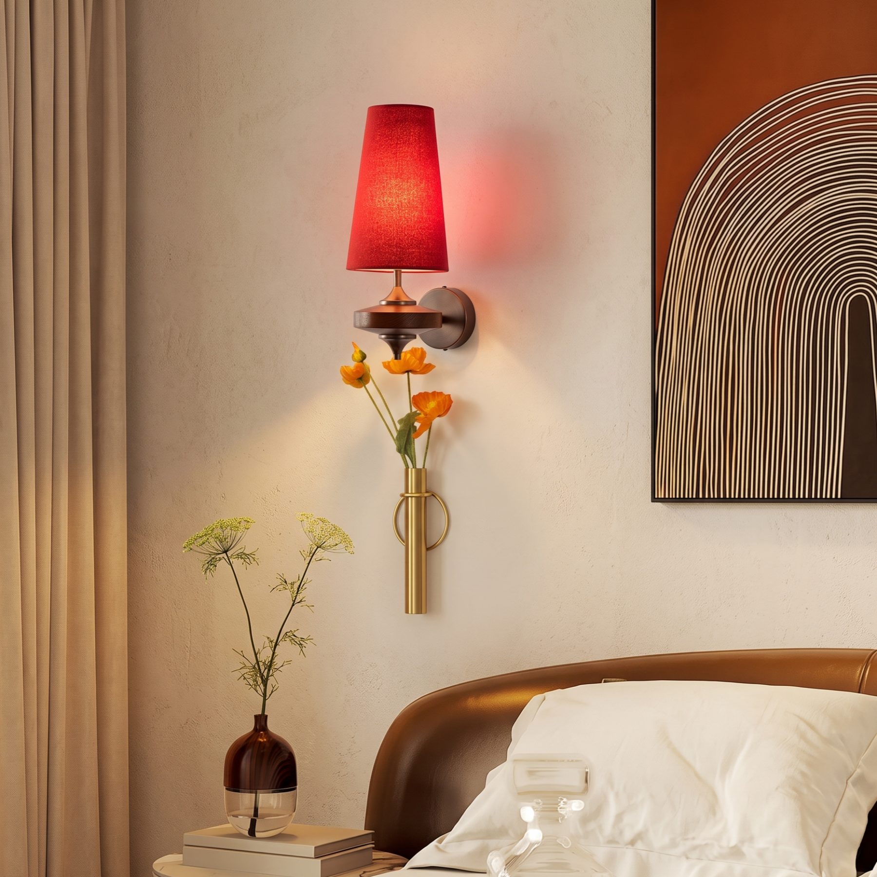 Modern Mid-Century Fabric Wall Sconce Elegant Dark Wood Accent Sconce for the Bedroom Living Room and Hallway