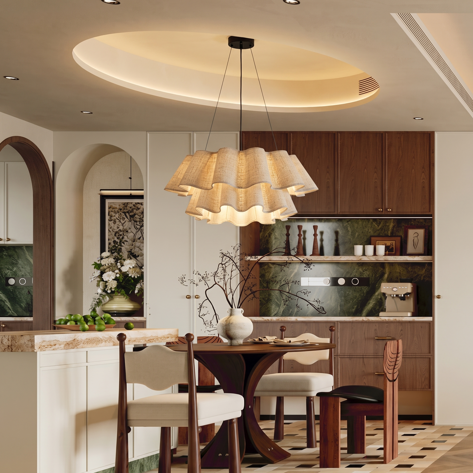 Nordic Wavy Linen Tiered Pendant Light – Modern Boho Pleated Fabric Chandelier for Dining Room & Living Room