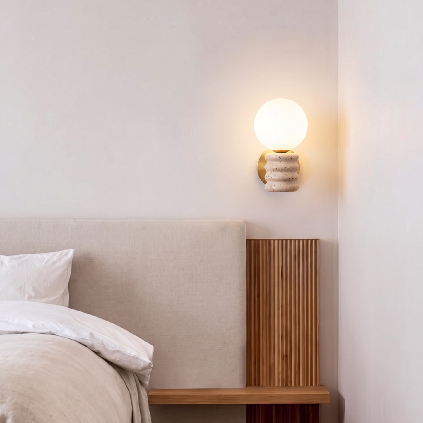 Modern Yellow Travertine Wall Sconce-Nordic Fluted Stone Wall Sconce Light for Bedroom Living Room Hallway