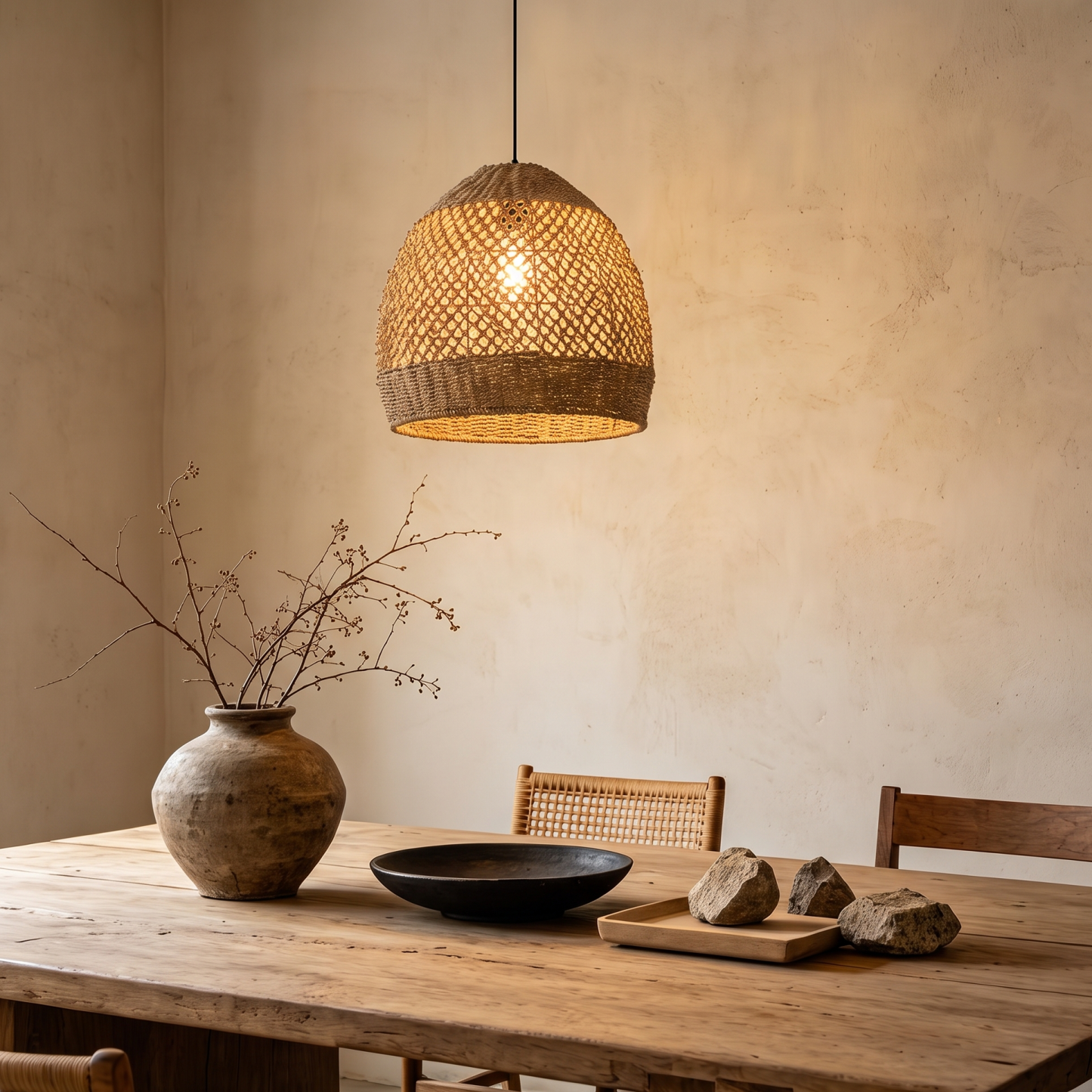 Farmhouse Coastal Boho Hanging Lamp with Handwoven Rattan Woven Pendant Light 