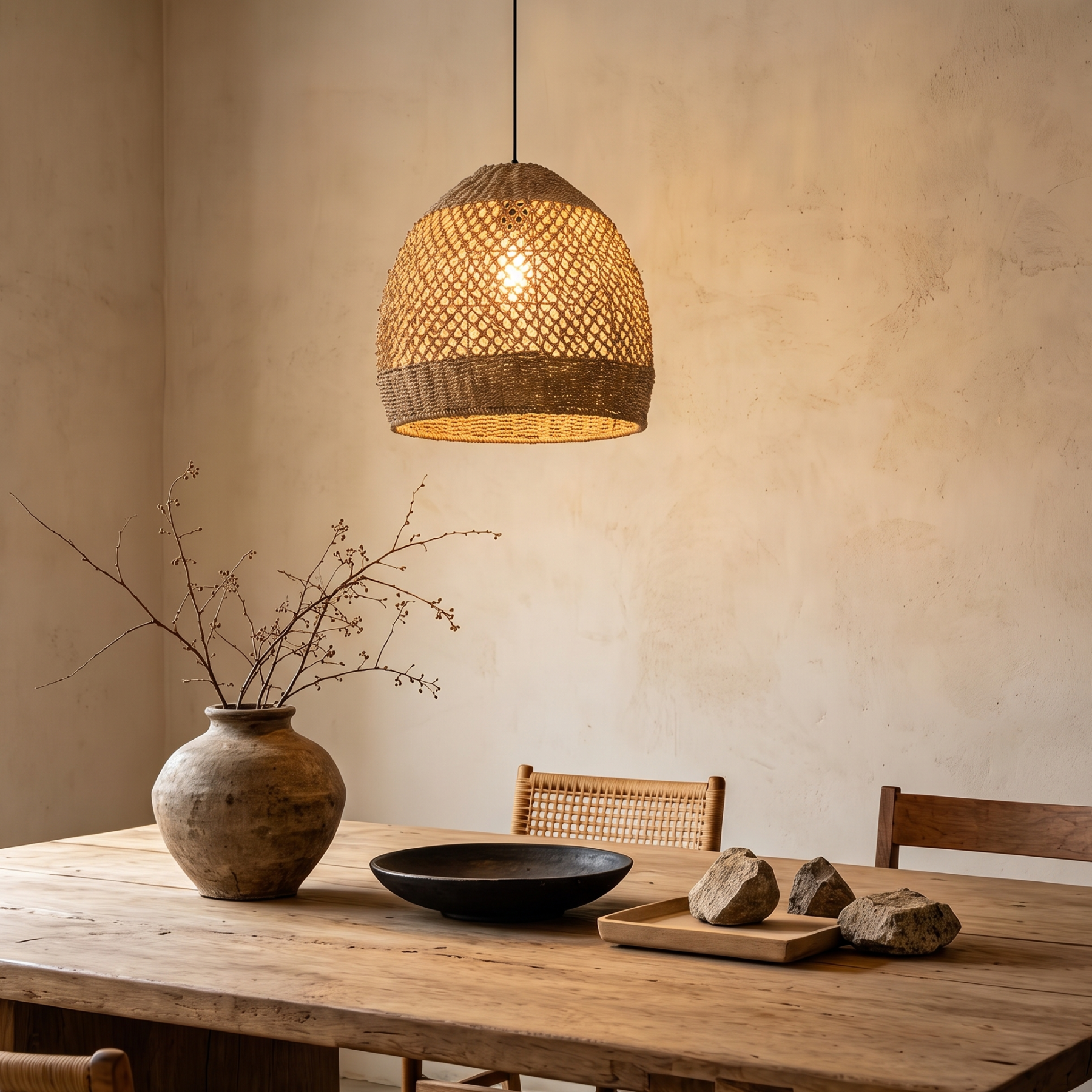 Farmhouse Coastal Boho Hanging Lamp with Handwoven Rattan Woven Pendant Light 