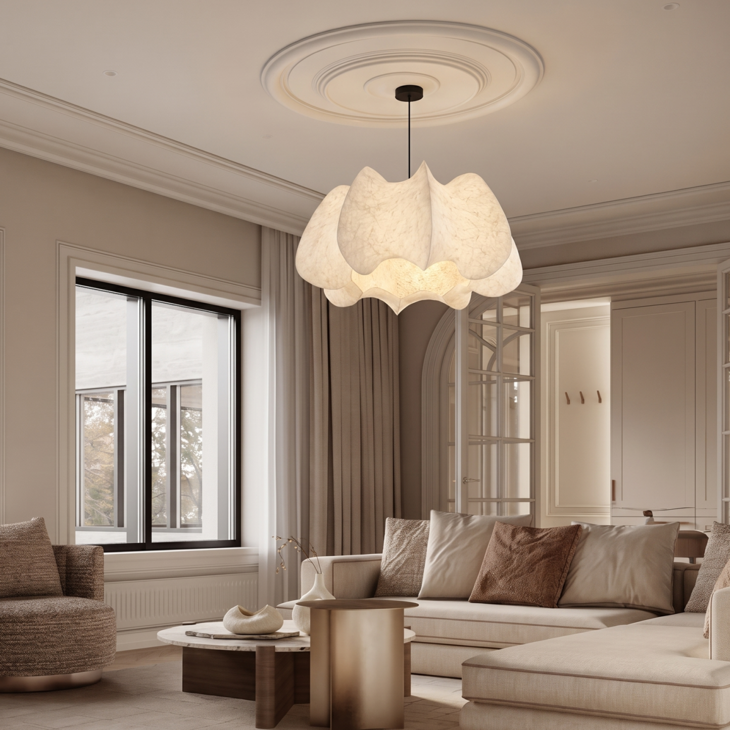 Organic modern silk pendant ceiling light with soft petal design