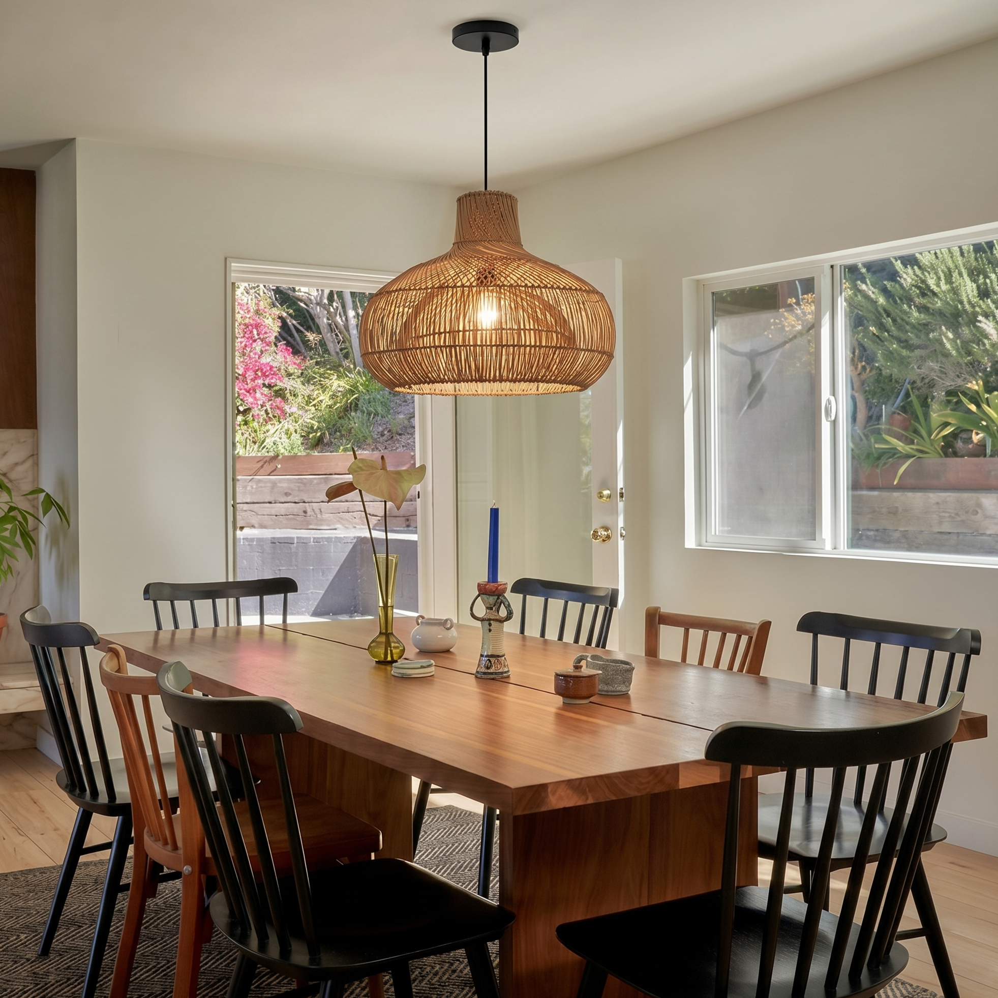 Boho Hand-Woven Rattan Pendant Light, Large Dome-Shaped Wicker Hanging Lamp for Kitchen Islands Dining Rooms