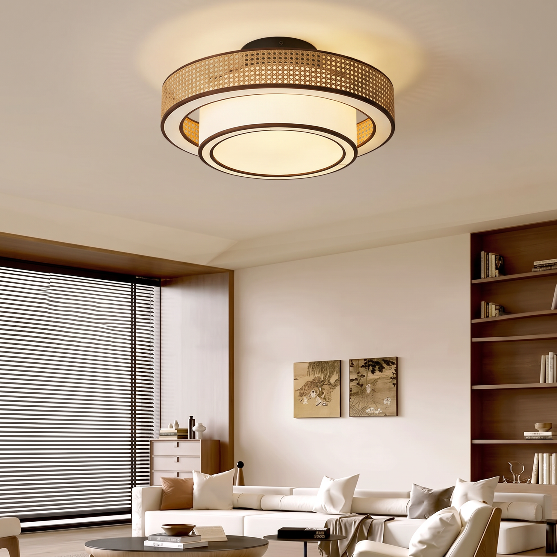 Japanese style Drum Rattan Flush Mount Ceiling Light for Bedroom Living Room