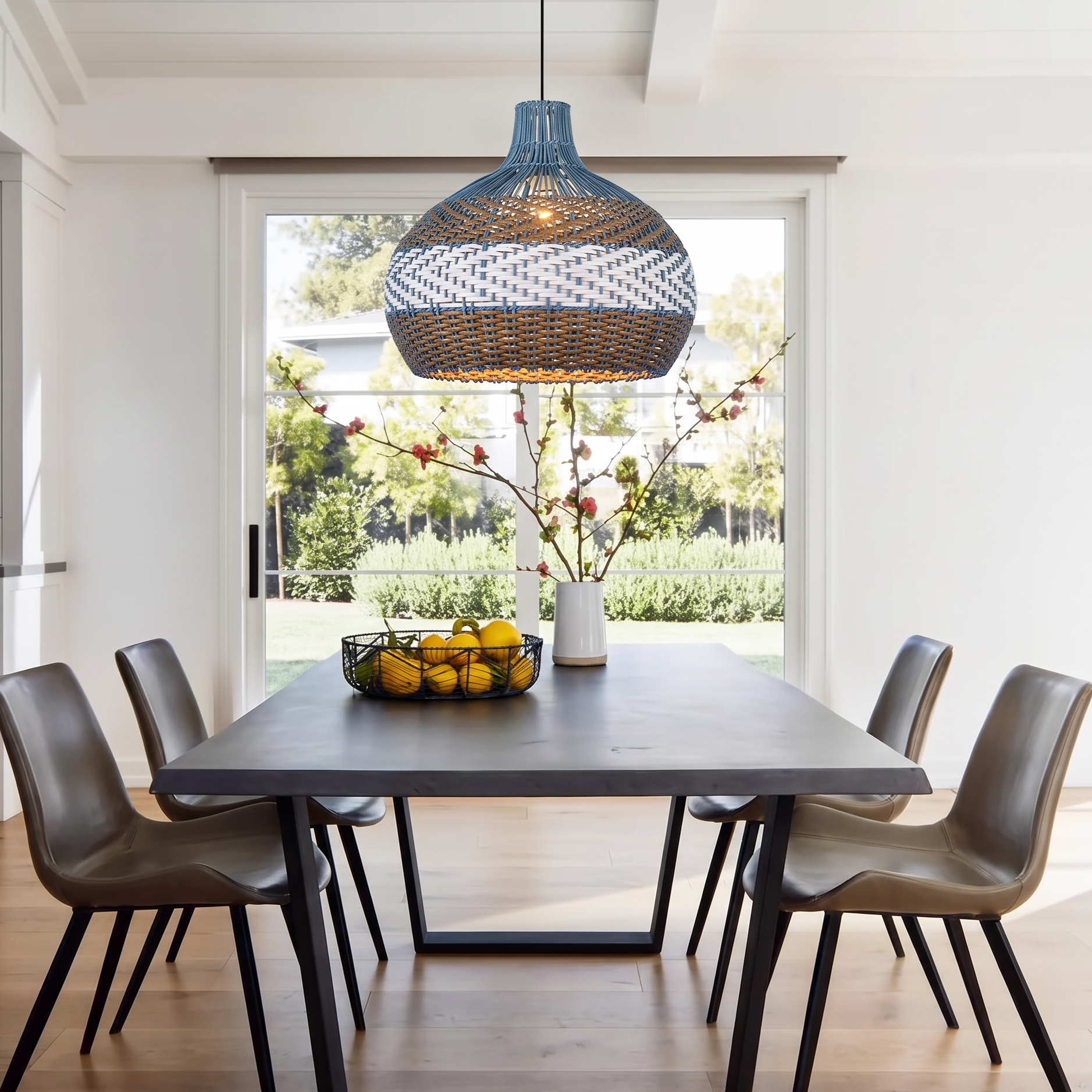 Unique Blue Rattan Pendant Light-Coastal Boho Dome Hanging Lamp for Kitchen Island 