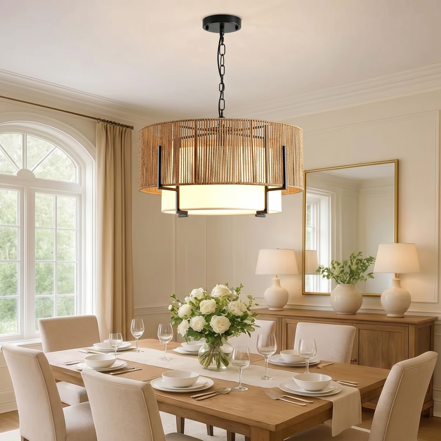 Modern Coastal Handwoven Hemp Rope Chandelier for Dining Room Living Room