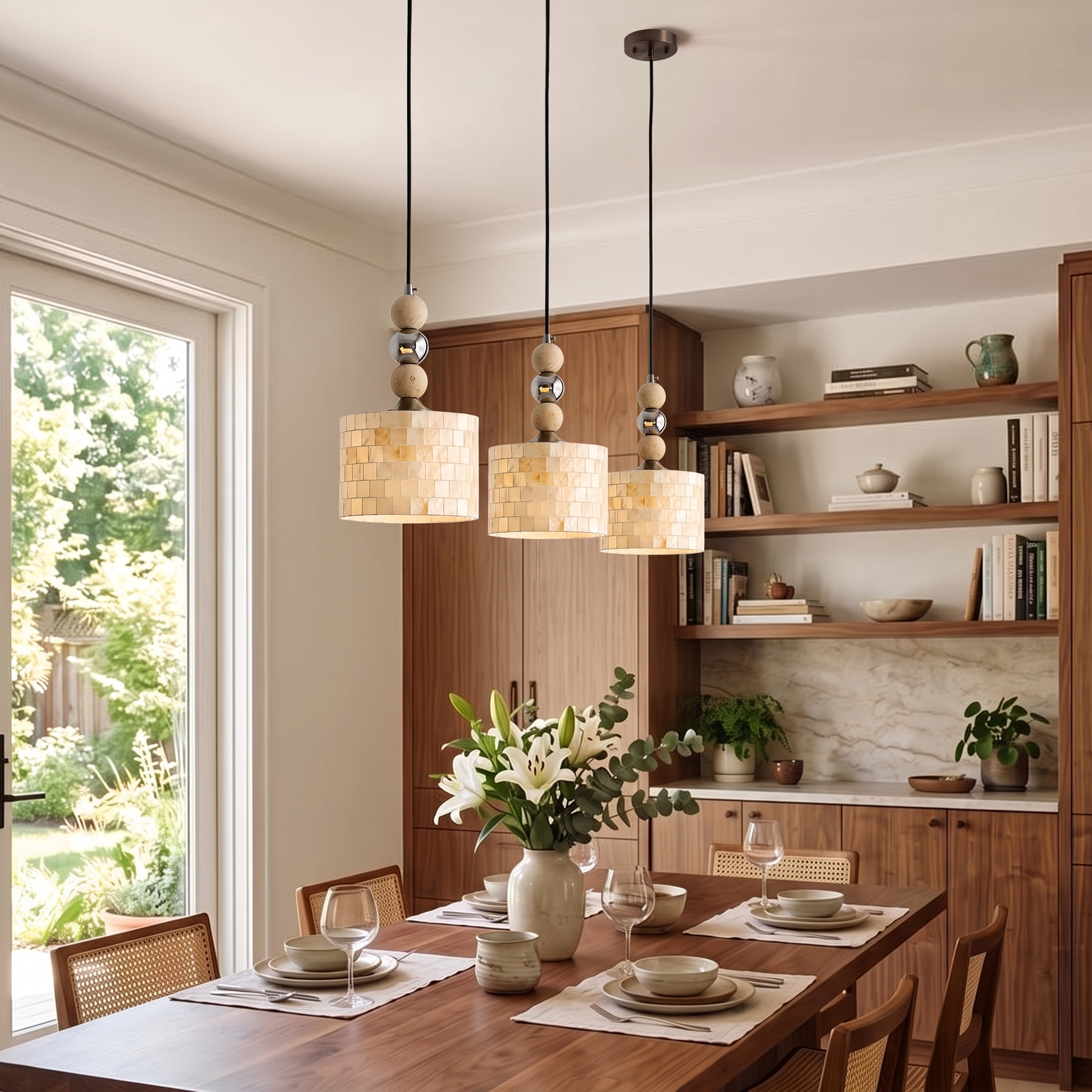Modern organic capiz shell pendant light with stone and chrome geometric beads for Dining Room