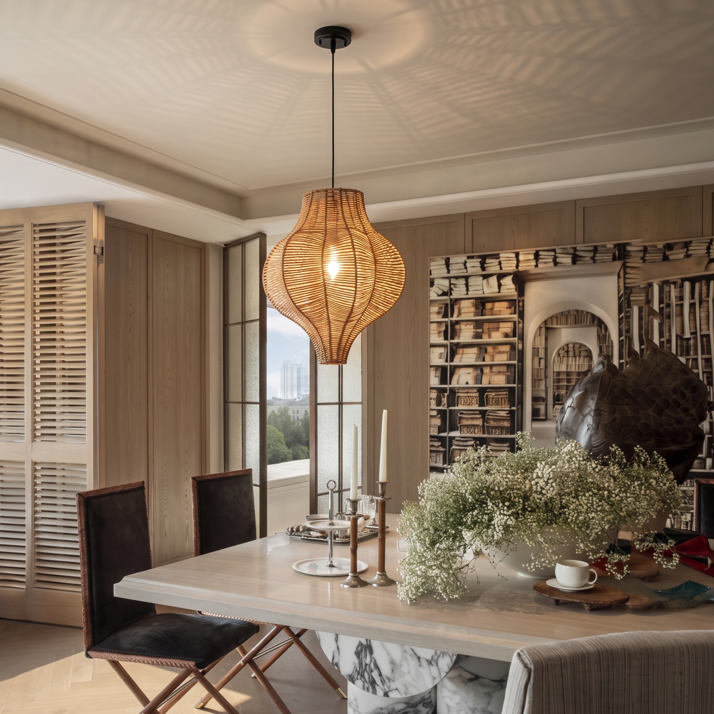Coastal Style Woven Basket Rattan Pendant Light for Dining Room Kitchen Island