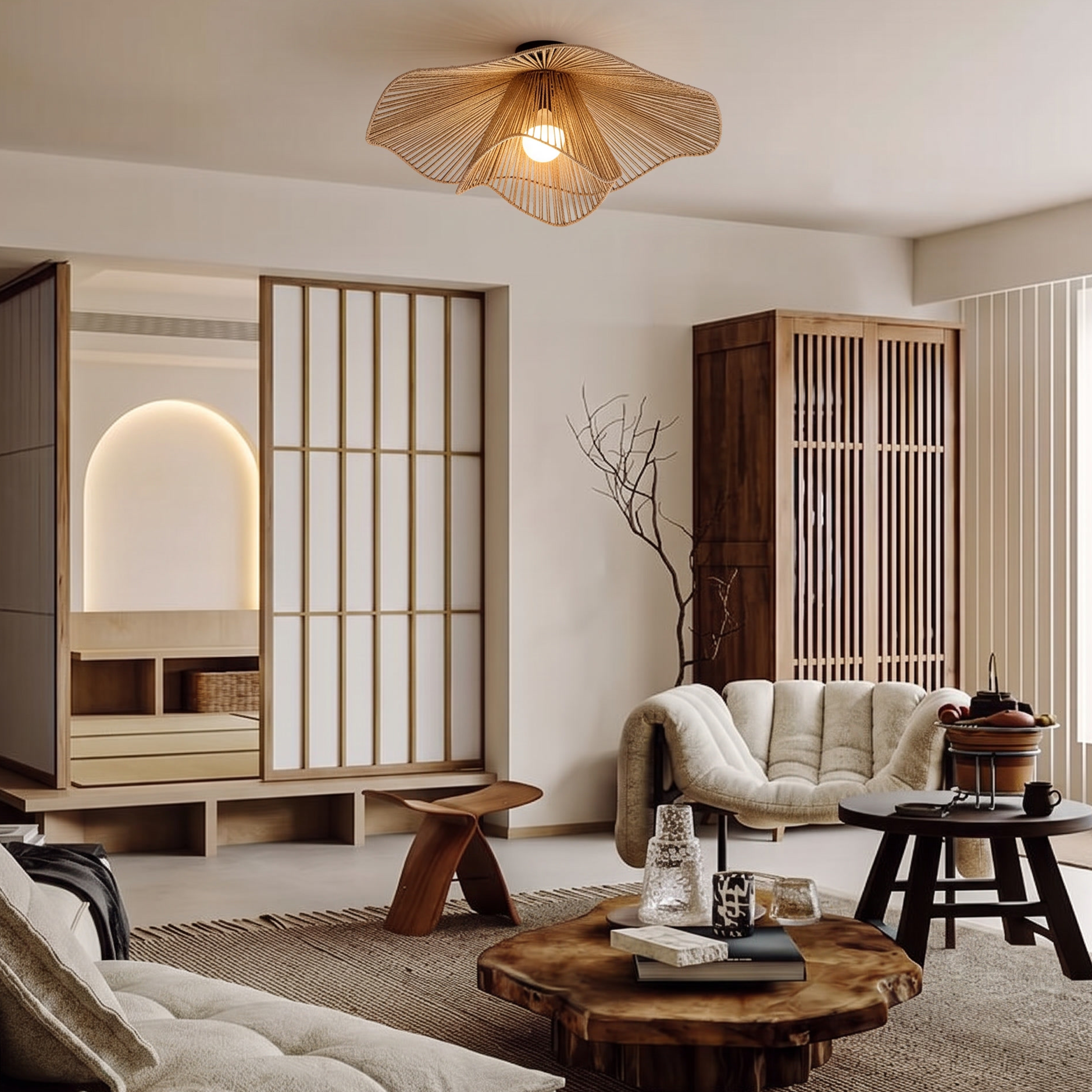Retro Wavy Woven Paper Rope Flush Mount Ceiling Light  for Living Room Bedroom