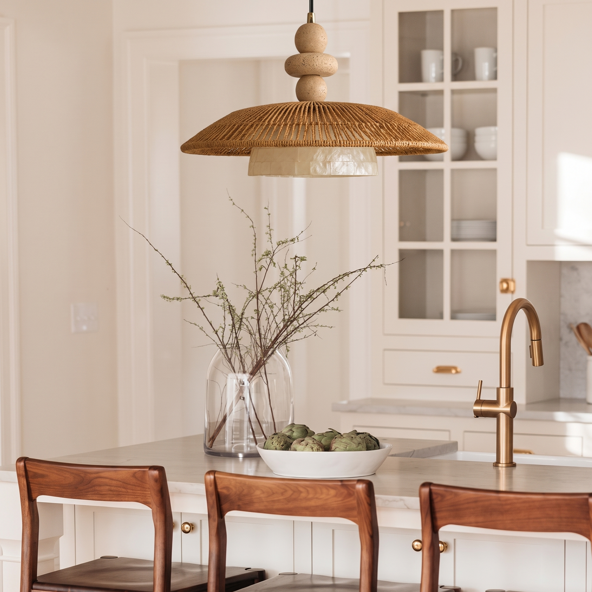 Wabi Sabi Rope Pendant Light with Shell Accent-Minimalist Boho Hanging Ceiling Lamp for Dining Room