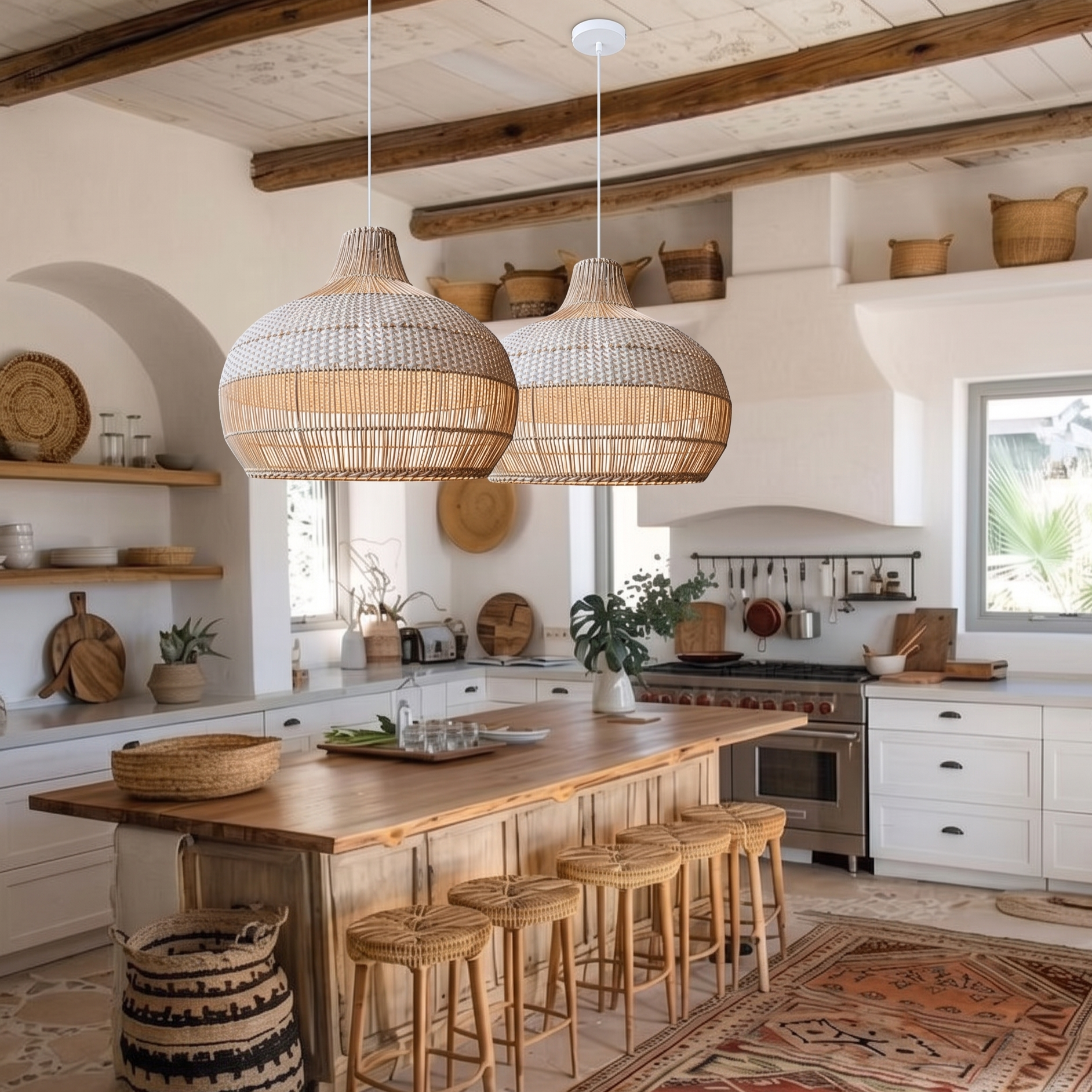 Handwoven Rattan Kitchen Island White Pendant Lighting Wicker Lamp Shade