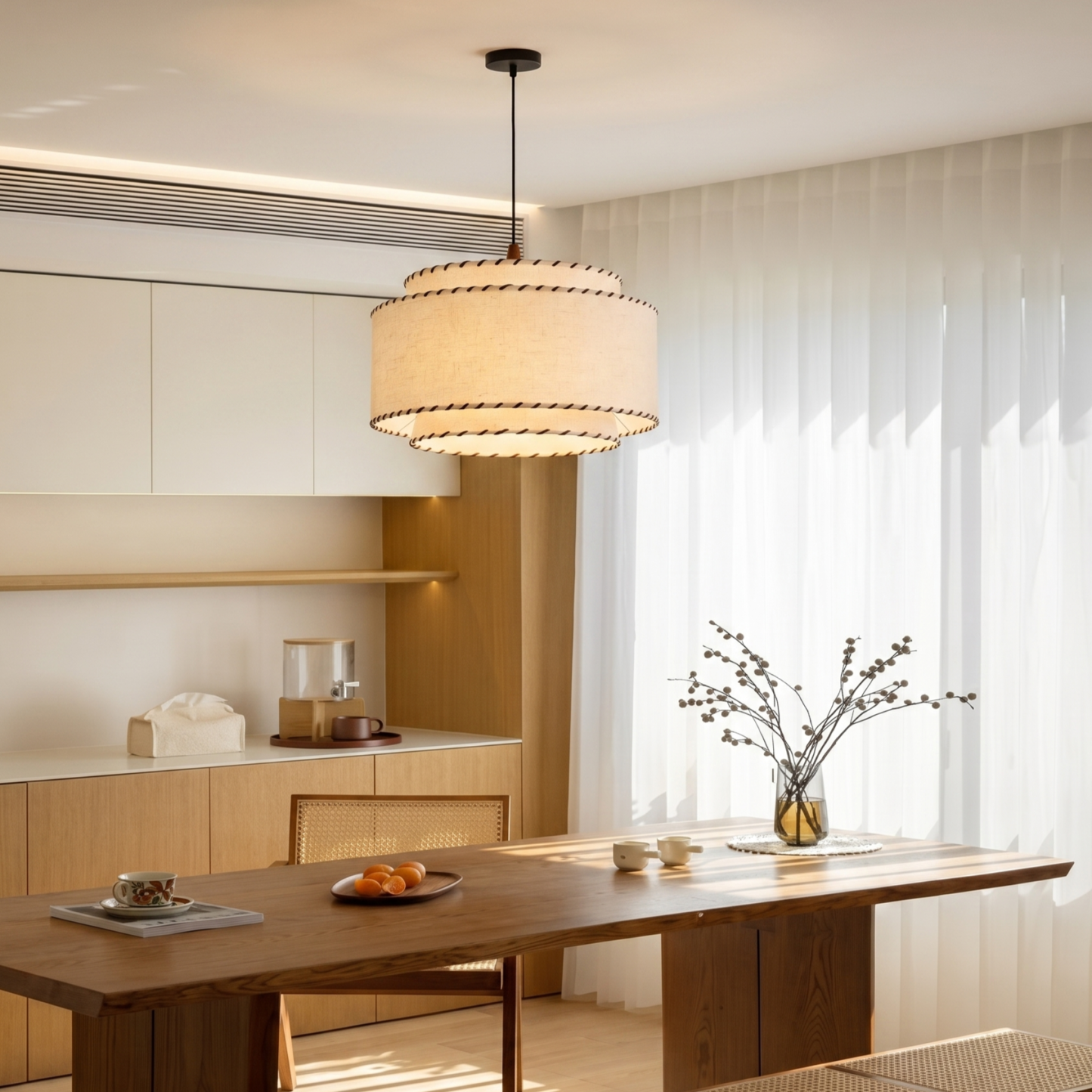 Mid-Century Modern Drum Fabric Pendant Light for Living Room Bedroom
