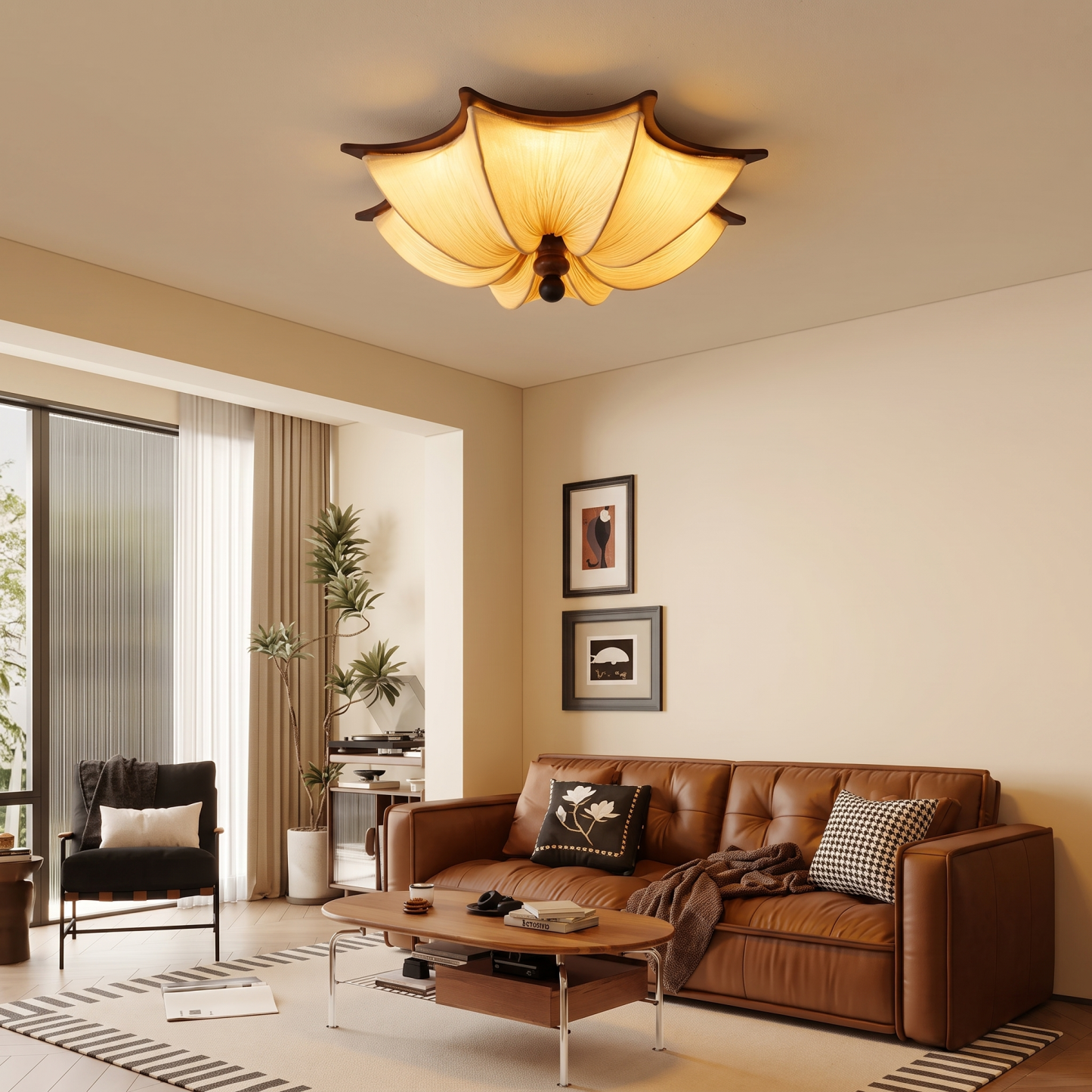 Lotus Fabric Flush Mount Ceiling Light,Vintage Wabi-Sabi  Lamp for Living Room Bedroom