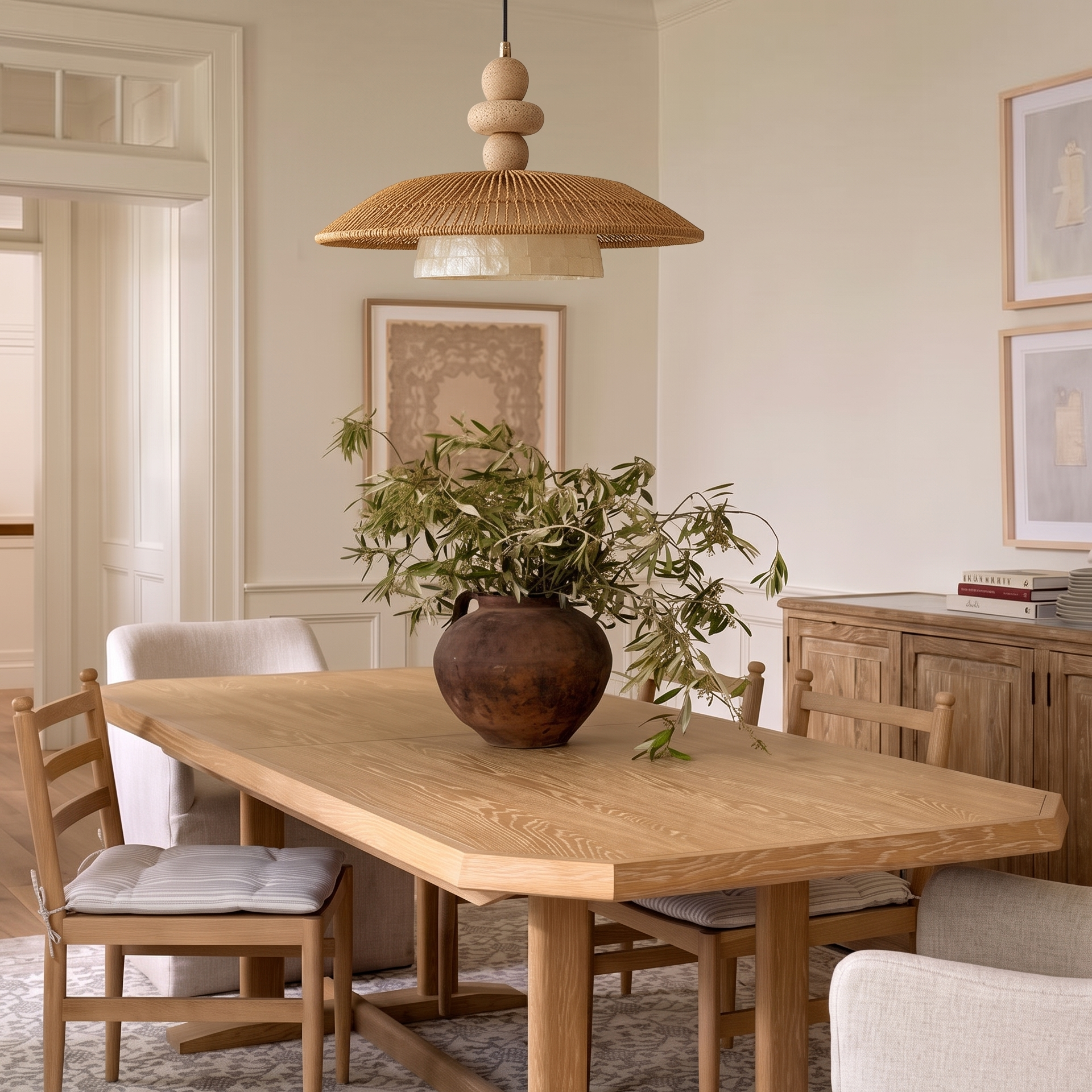 Wabi Sabi Rope Pendant Light with Shell Accent-Minimalist Boho Hanging Ceiling Lamp for Dining Room