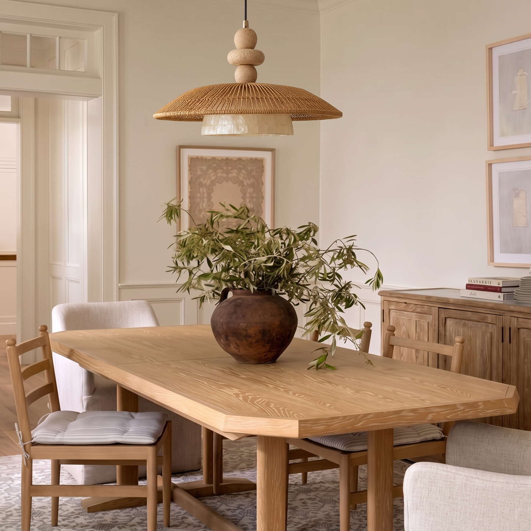 Wabi Sabi Rope Pendant Light with Shell Accent-Minimalist Boho Hanging Ceiling Lamp for Dining Room