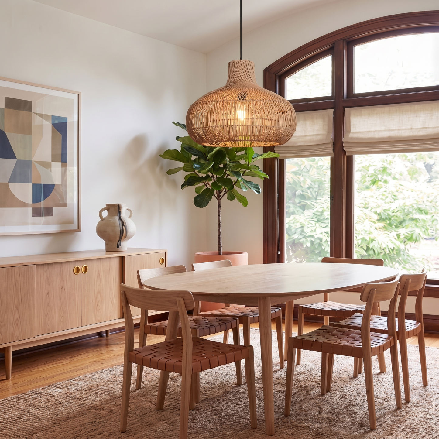 Boho Hand-Woven Rattan Pendant Light, Large Dome-Shaped Wicker Hanging Lamp for Kitchen Islands Dining Rooms