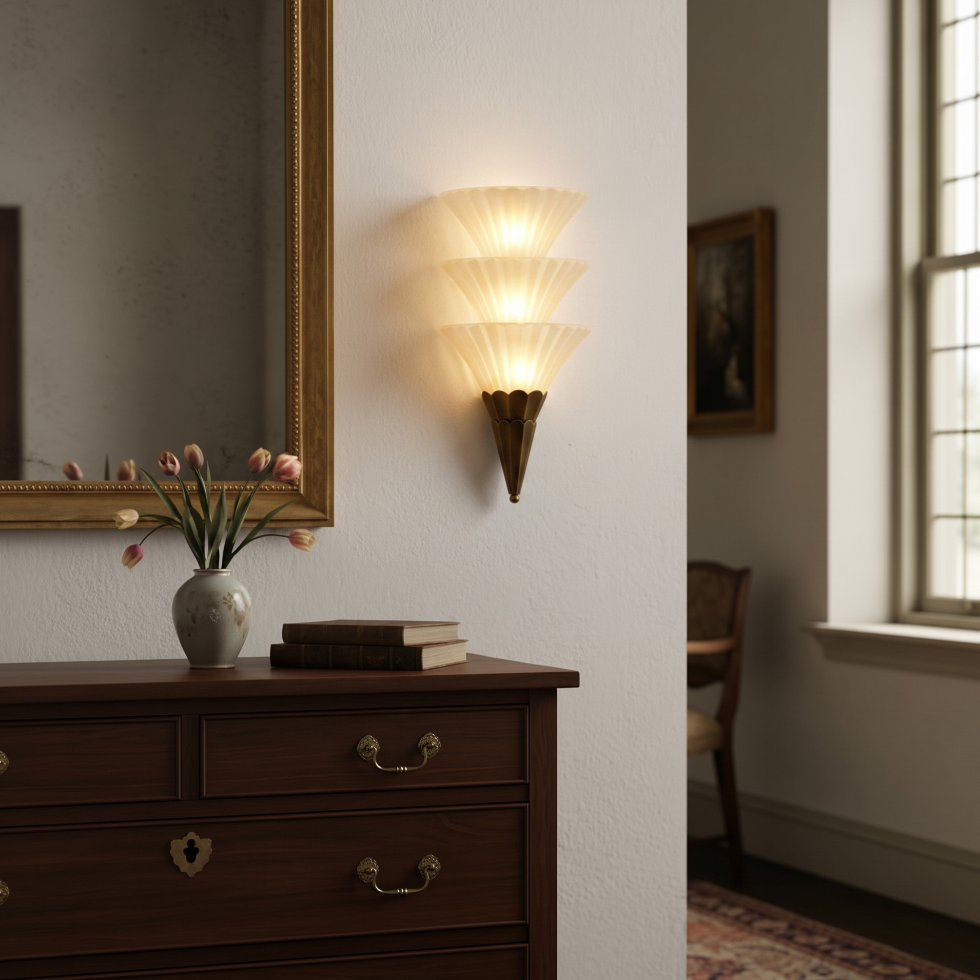 Vintage Scalloped Glass Wall Sconce Mid-Century Brass Accent Wall Lamp