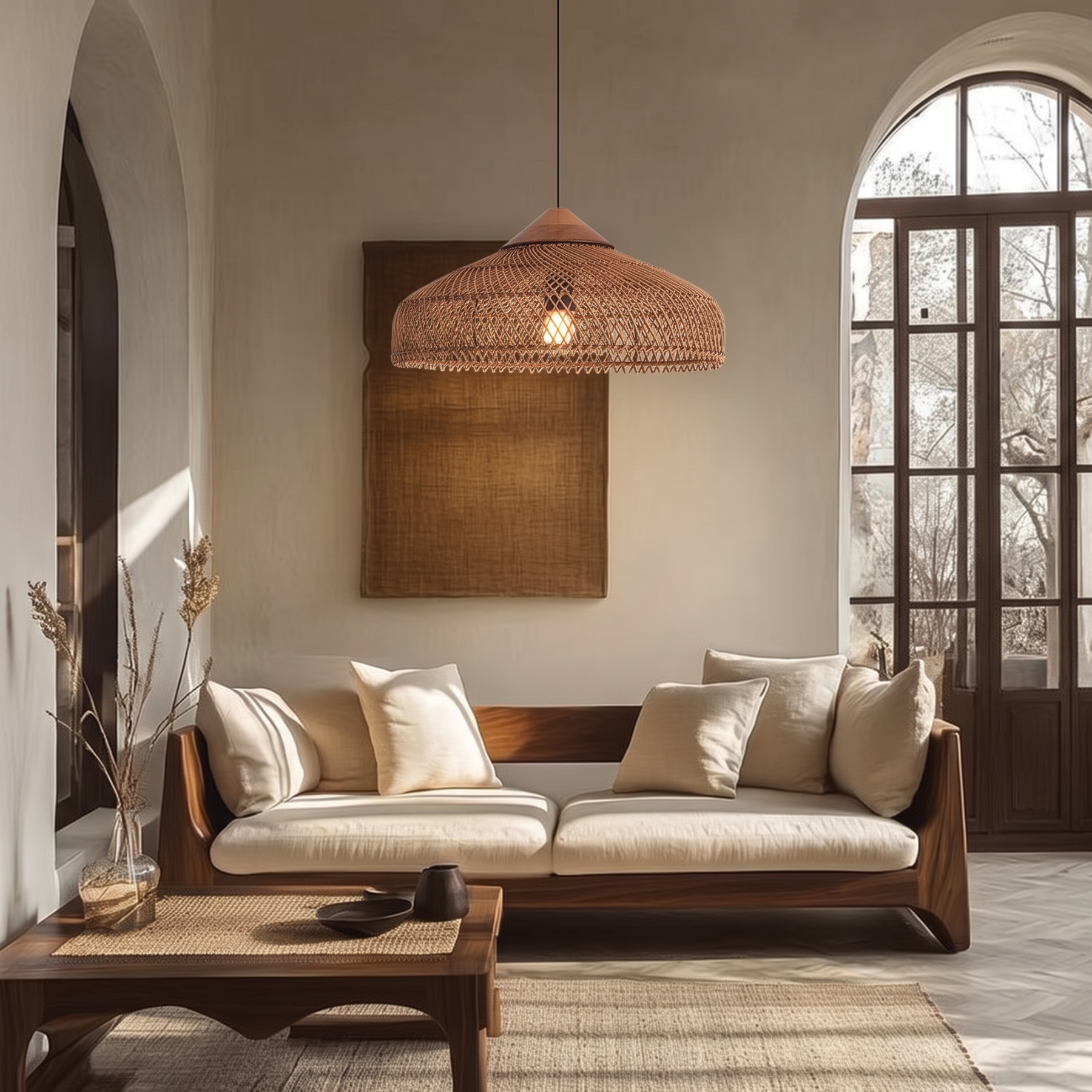 Handcrafted Rattan Pendant Light Retro Wabi-Sabi-style Chandelier for Dining Room Kitchen Island