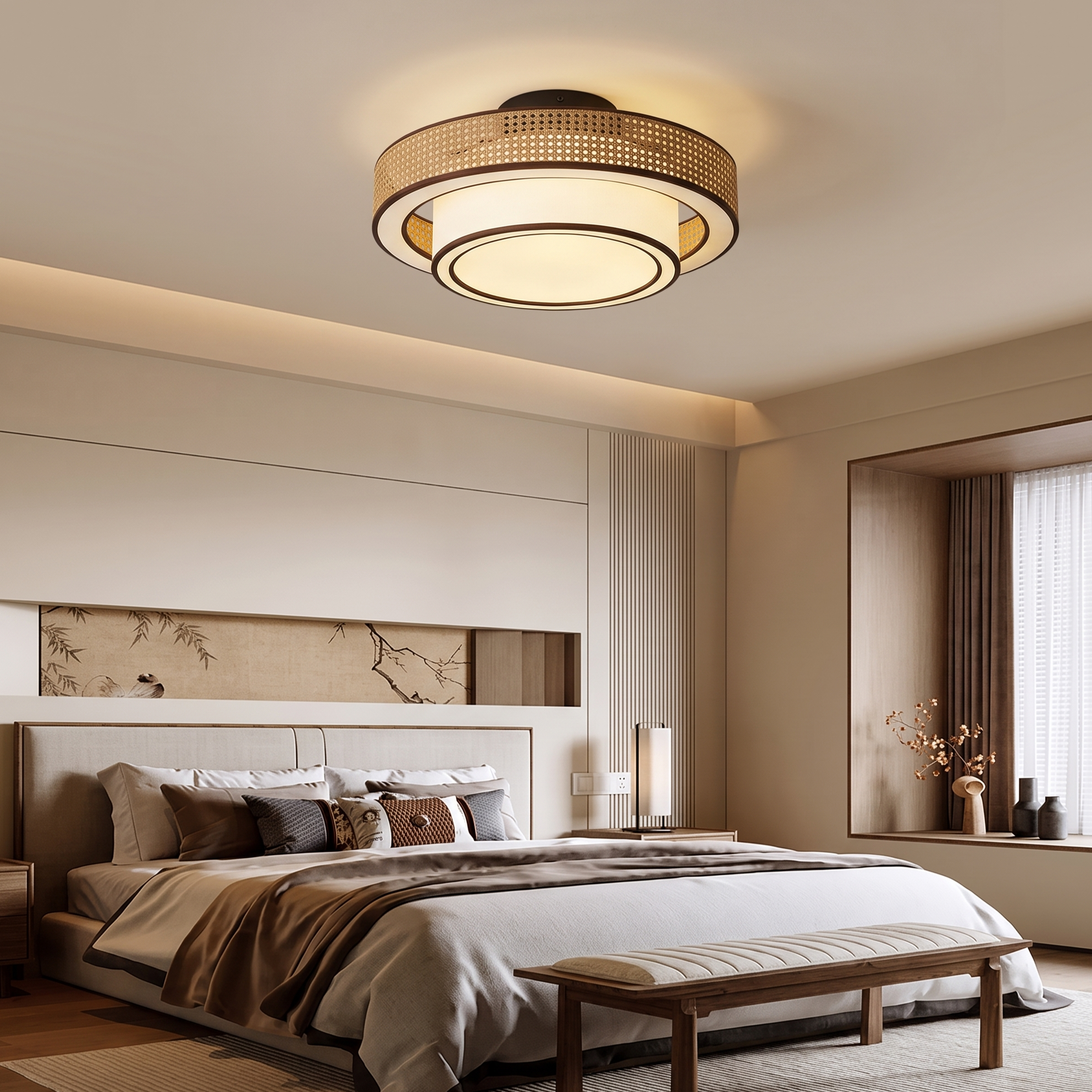 Japanese style Drum Rattan Flush Mount Ceiling Light for Bedroom Living Room