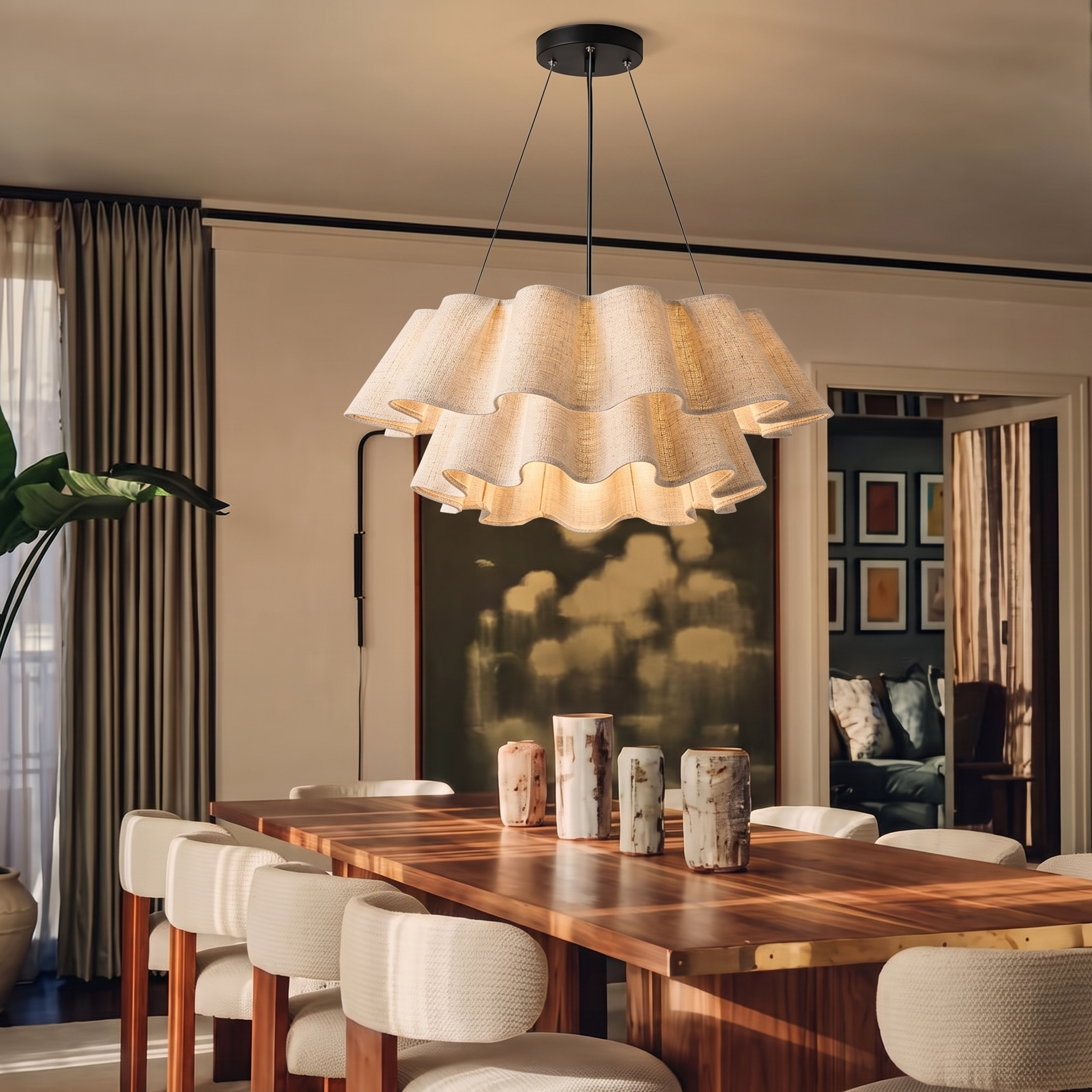 Nordic Wavy Linen Tiered Pendant Light – Modern Boho Pleated Fabric Chandelier for Dining Room & Living Room