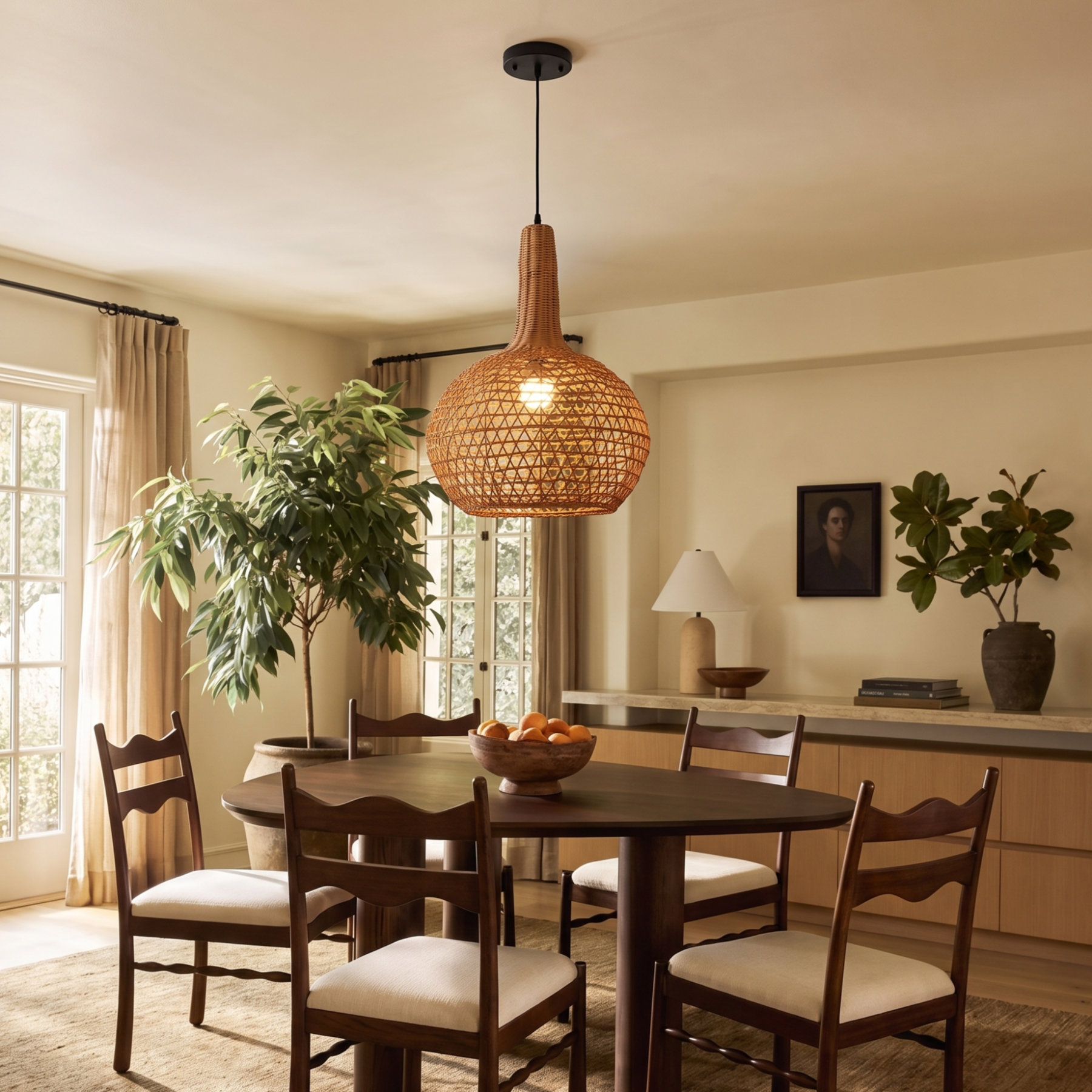 Woven Rattan Basket Pendant Light Boho Coastal Hanging Light Fixture for Dining Room Kitchen