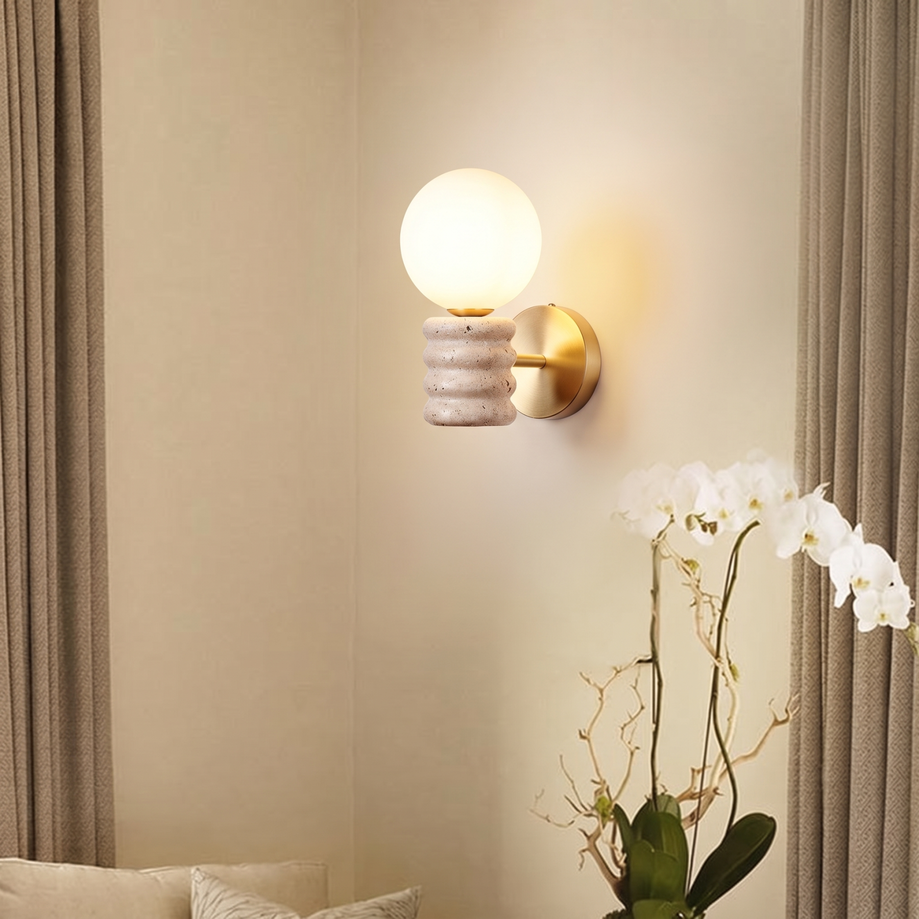 Modern Yellow Travertine Wall Sconce-Nordic Fluted Stone Wall Sconce Light for Bedroom Living Room Hallway