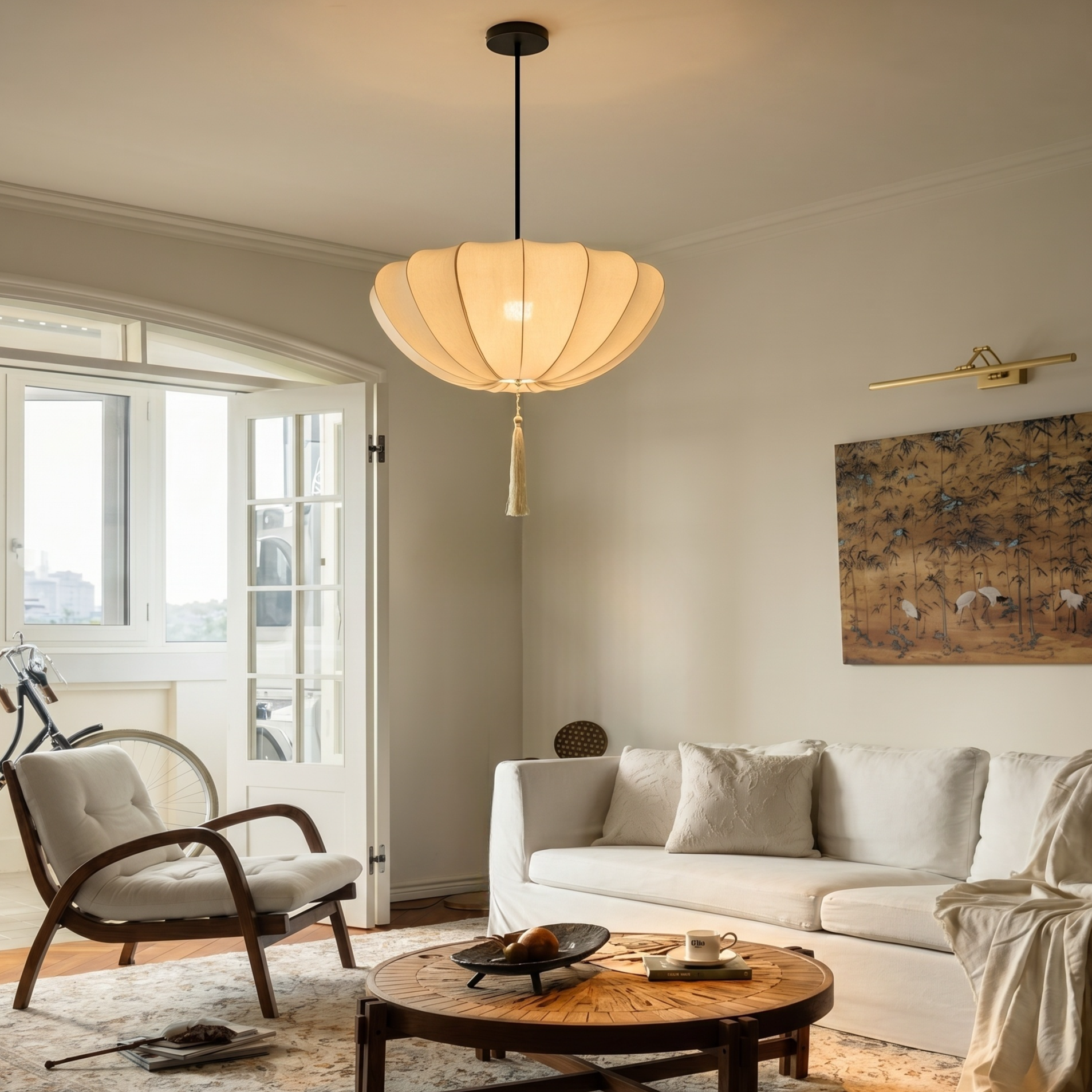 Cream Fabric Pendant Light, Wabi Sabi Pendant Lamp Living Room Bedroom
