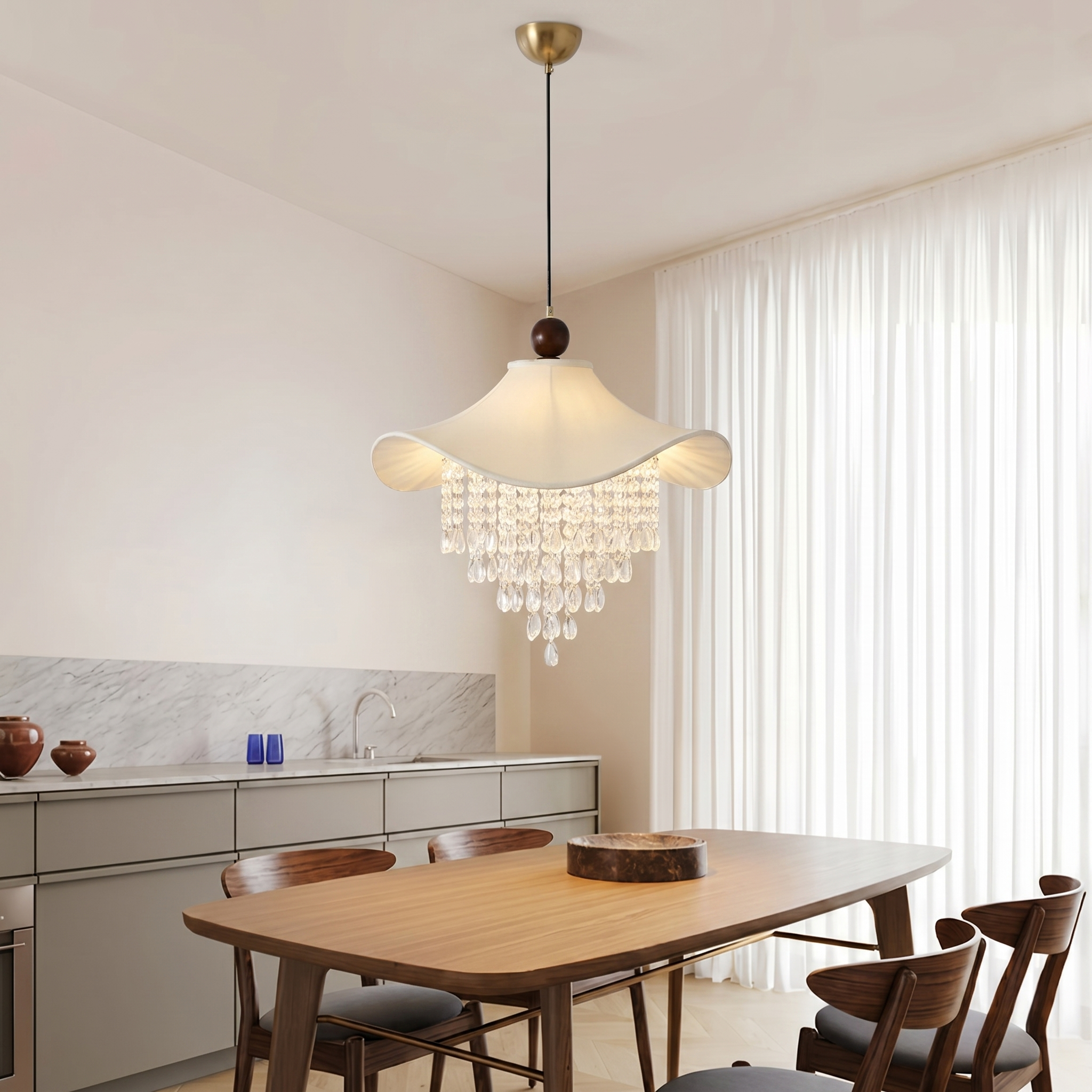 French Country Crystal Chandelier, Vintage Fabric Pendant Light for Living Room