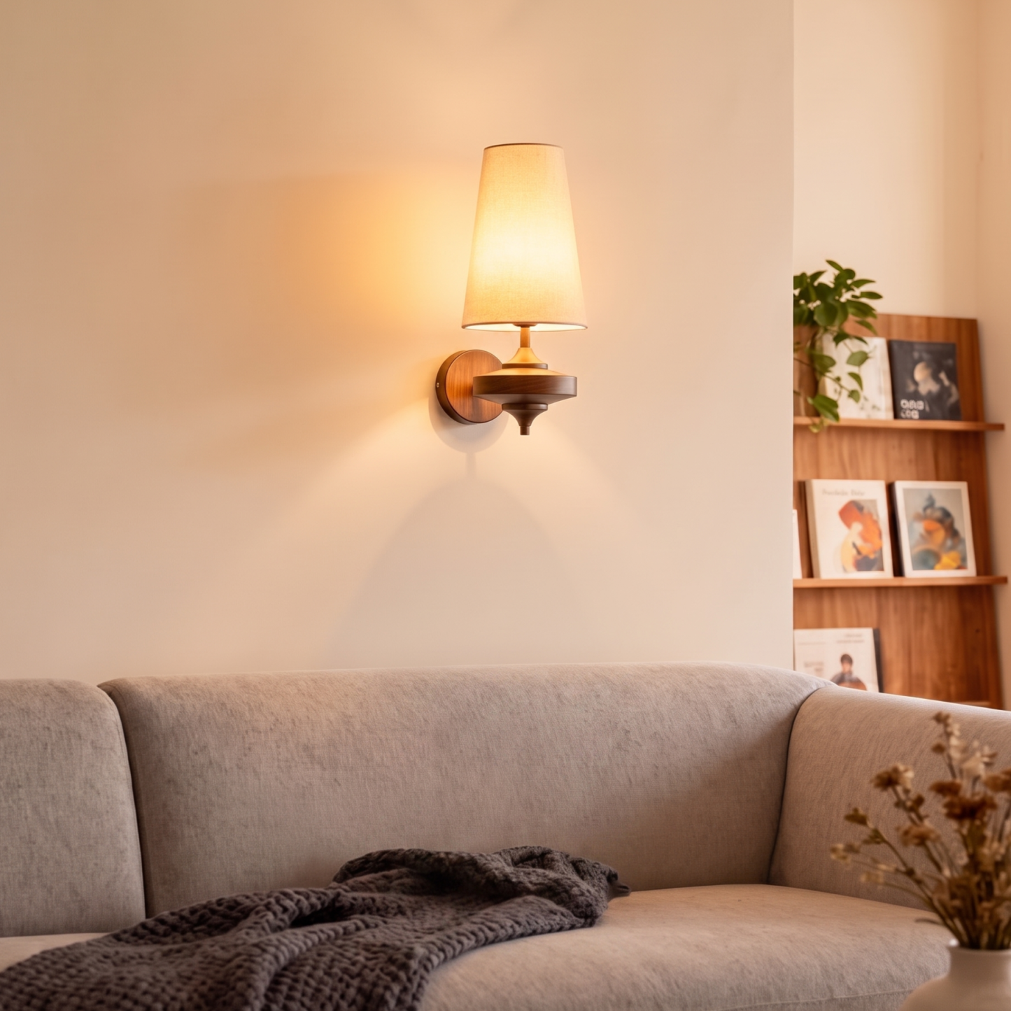 Modern Mid-Century Fabric Wall Sconce Elegant Dark Wood Accent Sconce for the Bedroom Living Room and Hallway