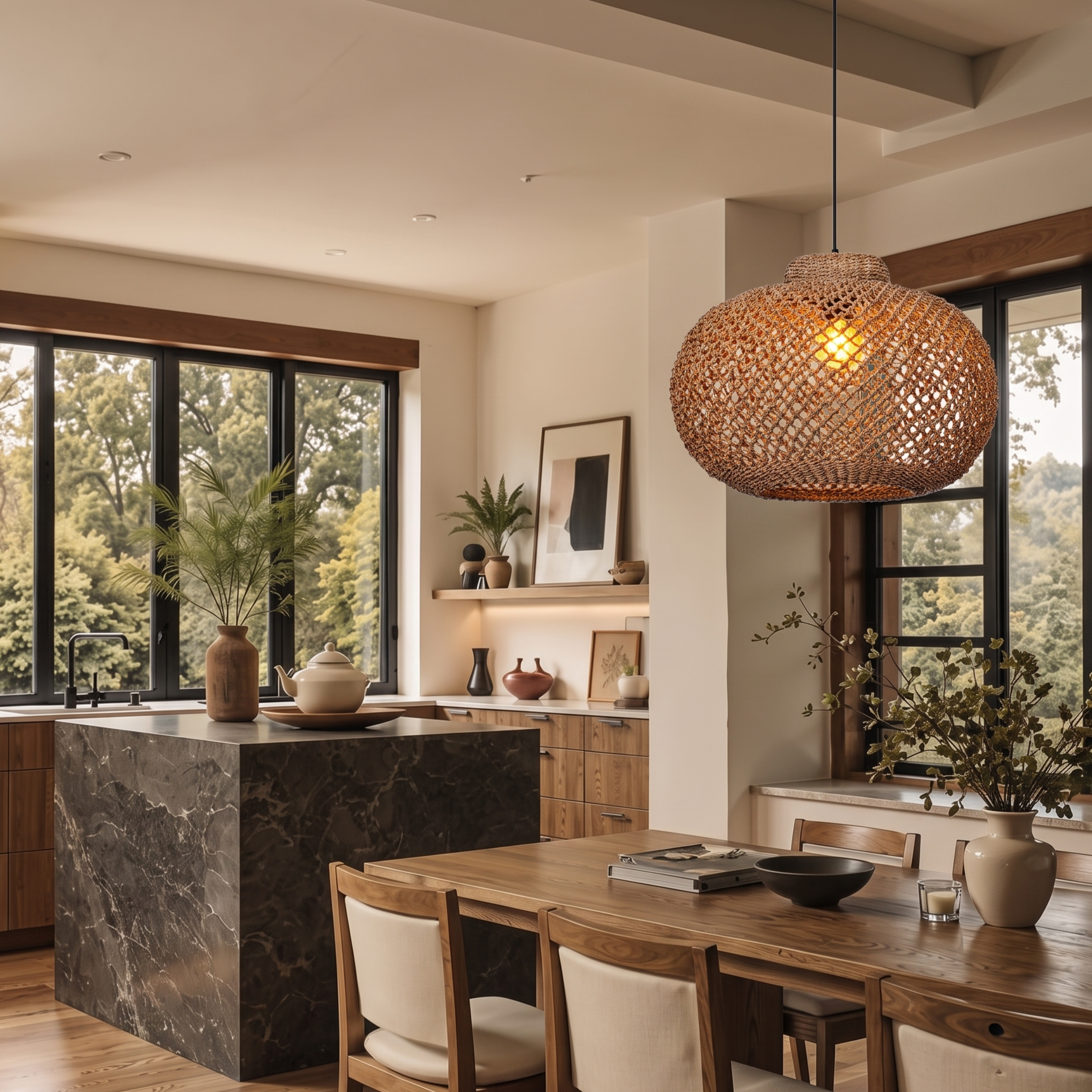 Natural Woven Rattan Pendant Light – Rustic Boho Hanging Ceiling Lamp for Dining Room