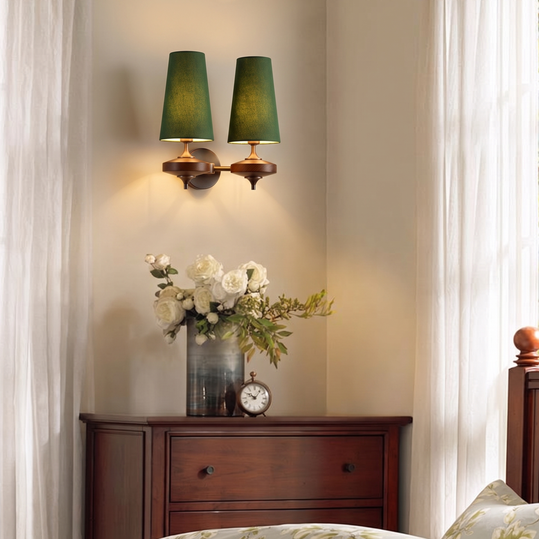 Modern Mid-Century Fabric Wall Sconce Elegant Dark Wood Accent Sconce for the Bedroom Living Room and Hallway